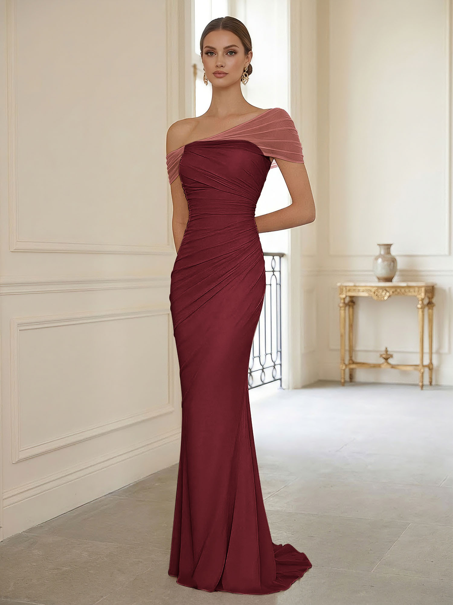 Sophisticated Blush Pink Asymmetrical Ruched Maxi Dress Evening Gown