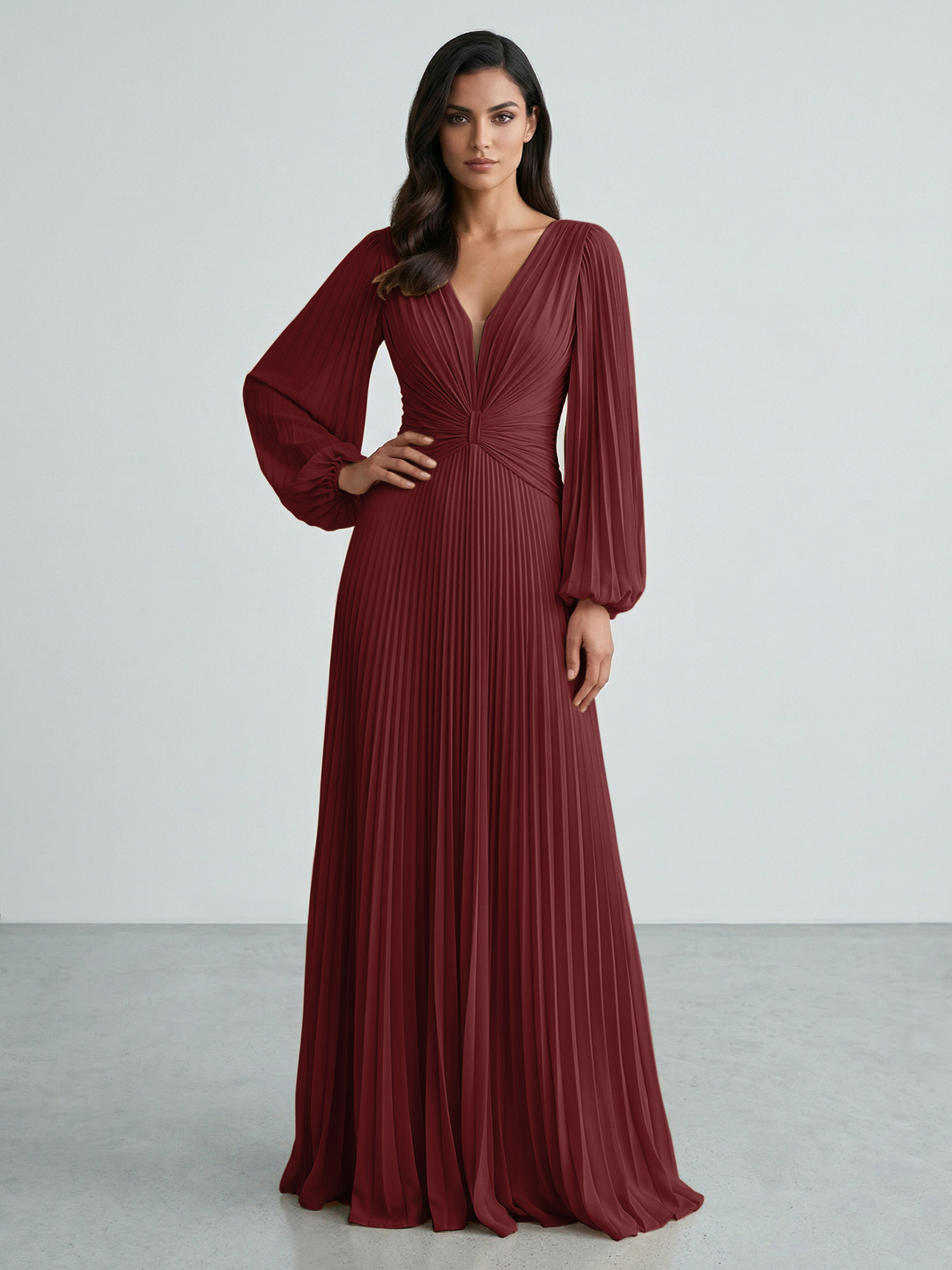 Slate Blue Plunging V-Neck Pleated Long Sleeve Maxi Dress Gown