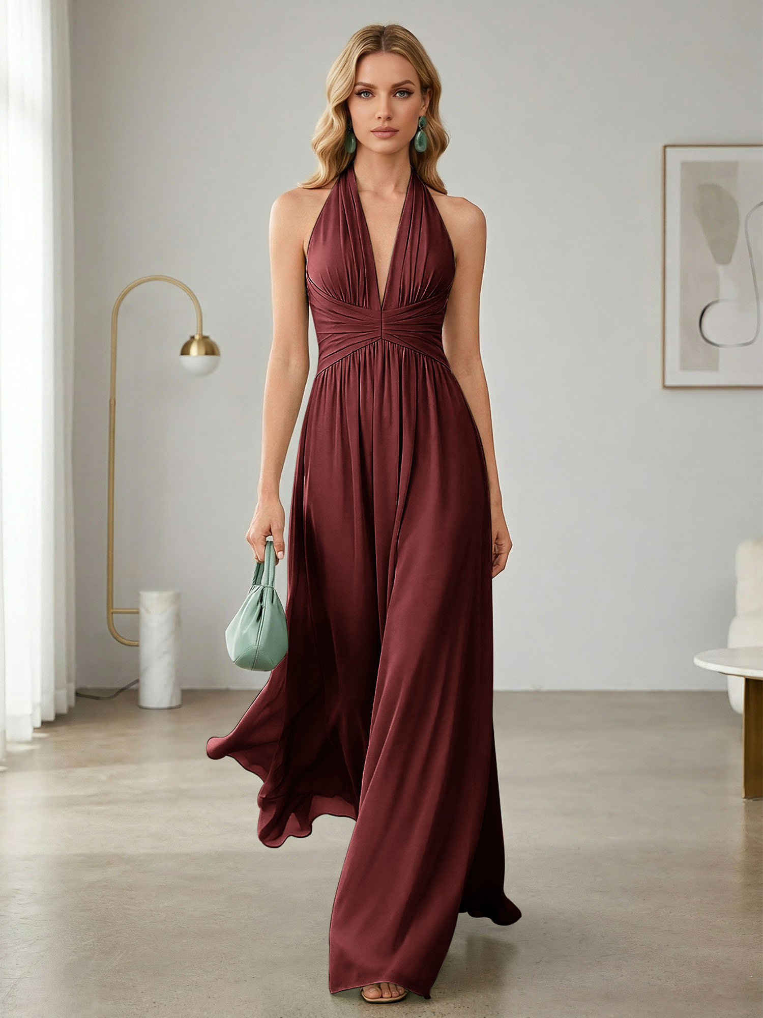 Elegant Sage Green Halter Chiffon Maxi Gown
