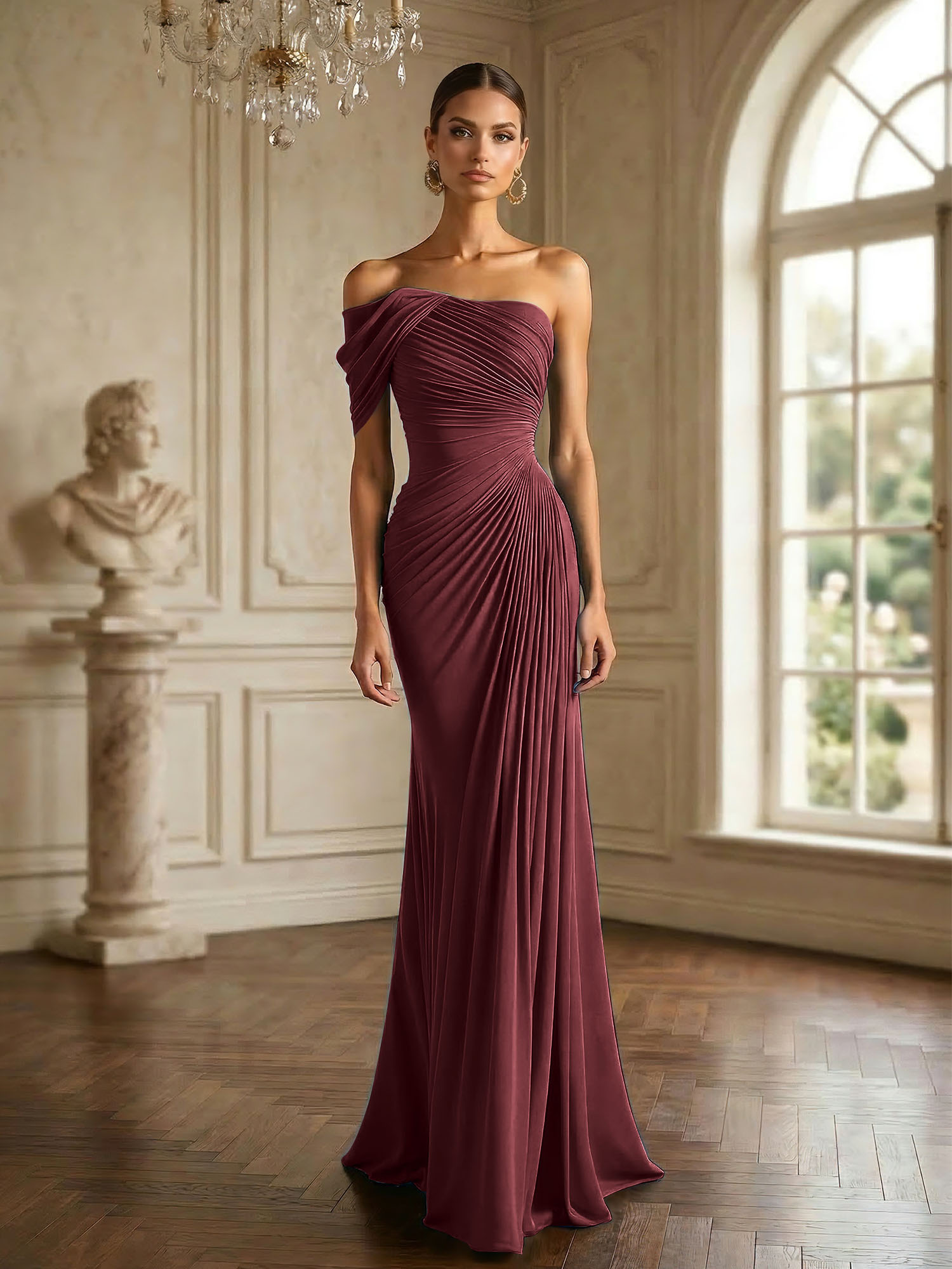 One Shoulder Pleat Mermaid Chiffon Evening Dresses for Women Gown