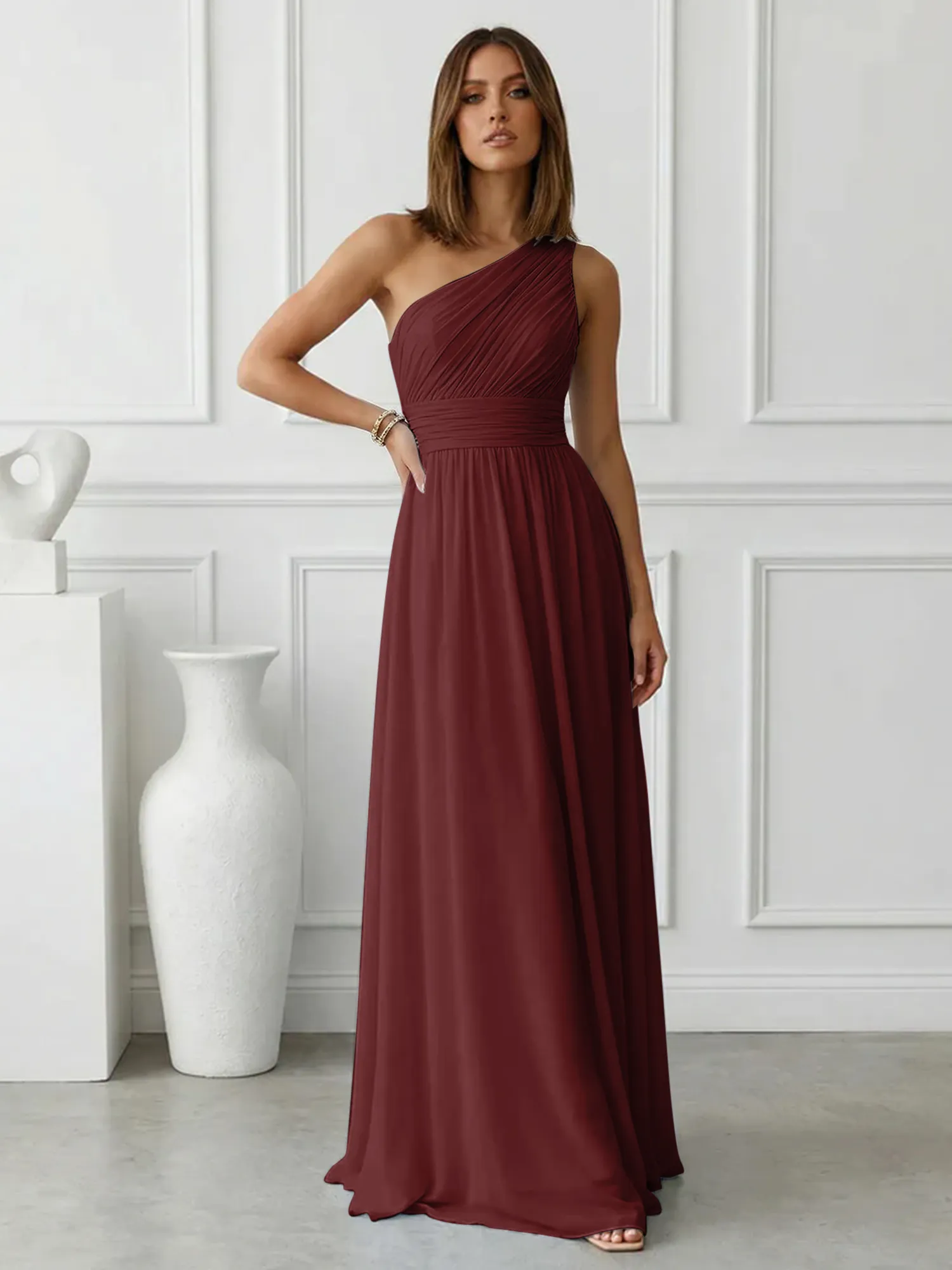 One-Shoulder Pleated Chiffon A-Line Evening Dress