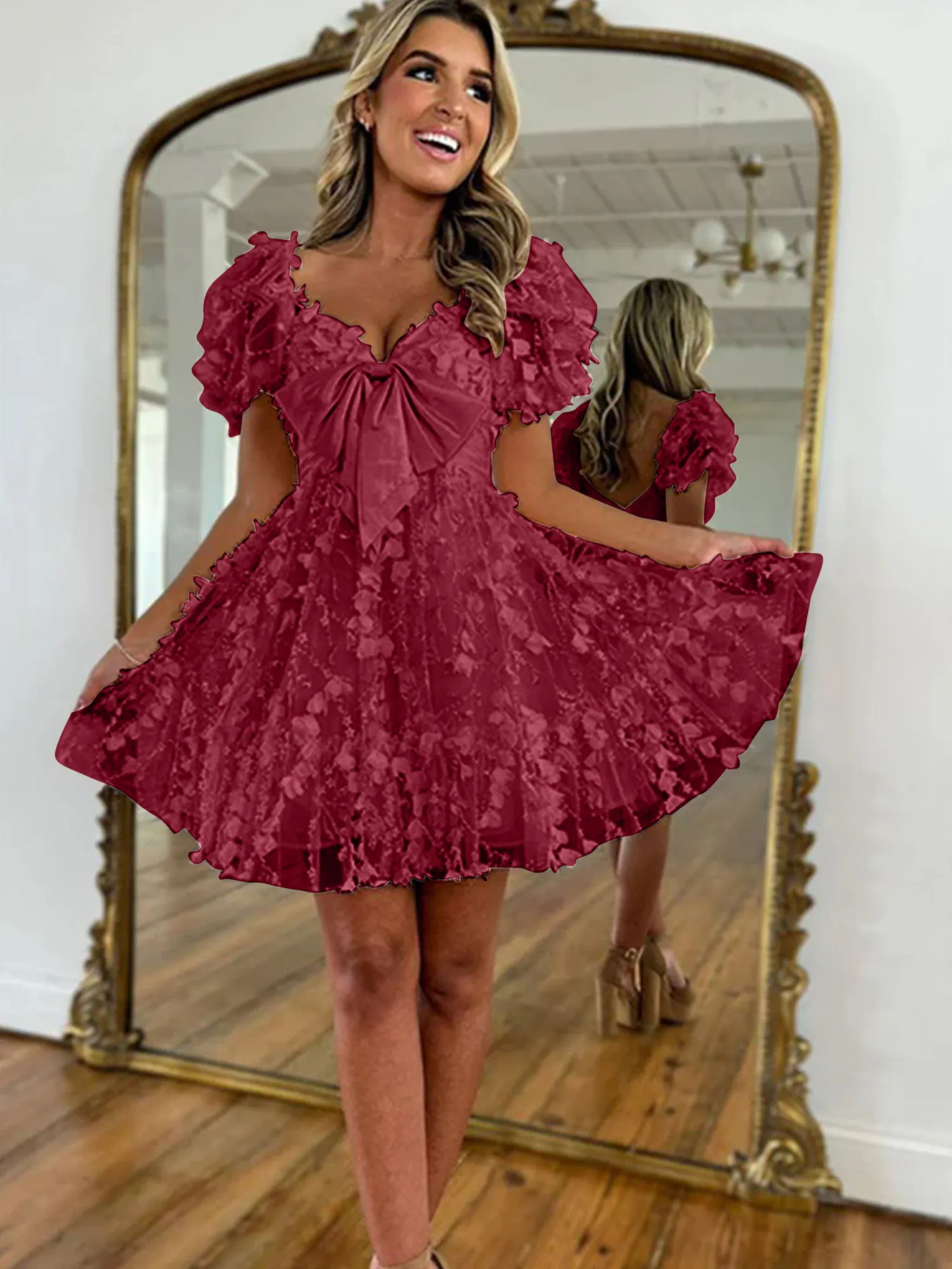 A Line Puff Sleeve 3D Floral Bow Homecoming Mini Dress