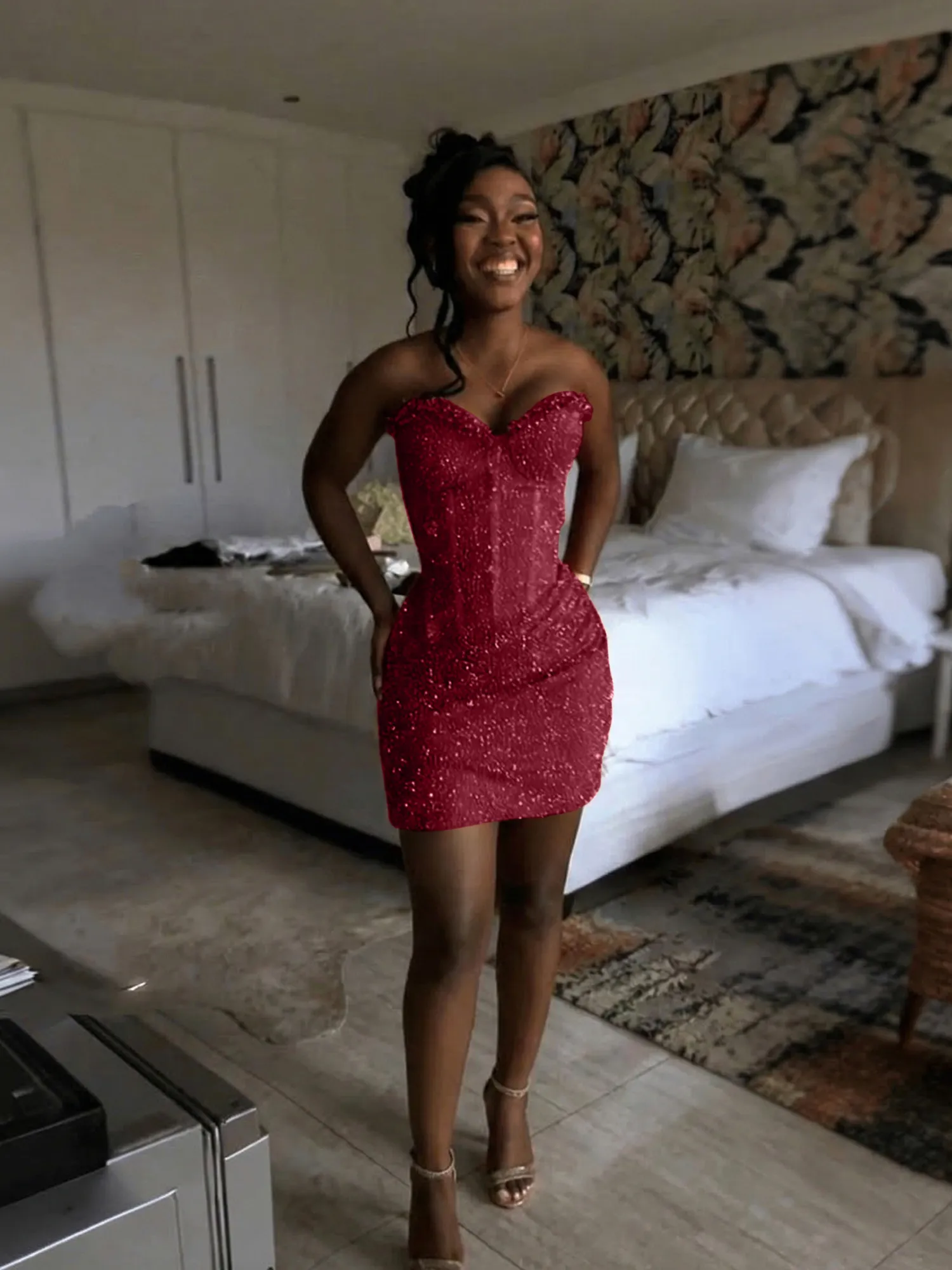 Glitter Strapless Mermaid Sequined Short Homecoming Mini Dress