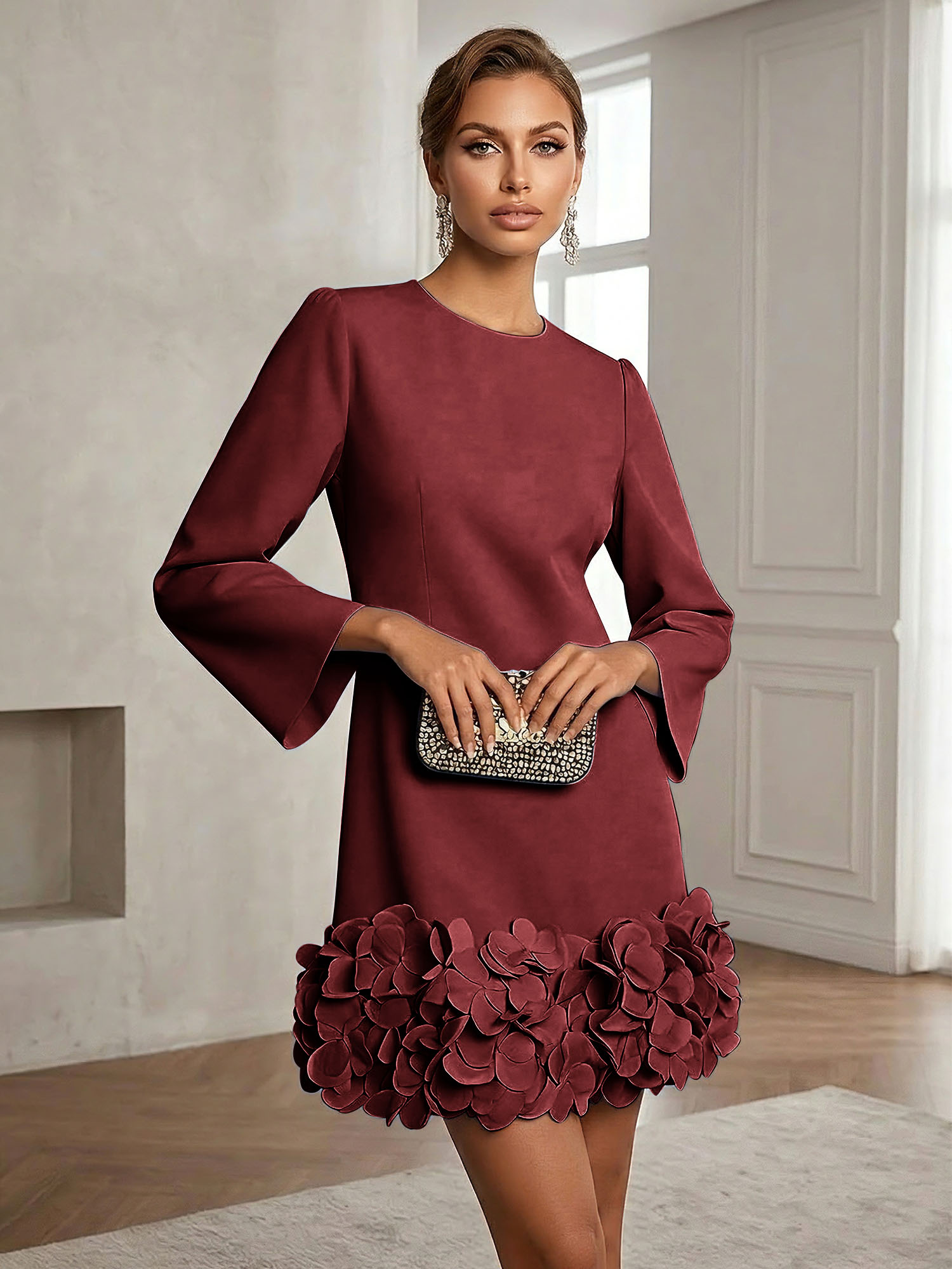 Powder Blue 3D Floral Classic Crew Neck Bell Long Sleeve Shift Mini Dress
