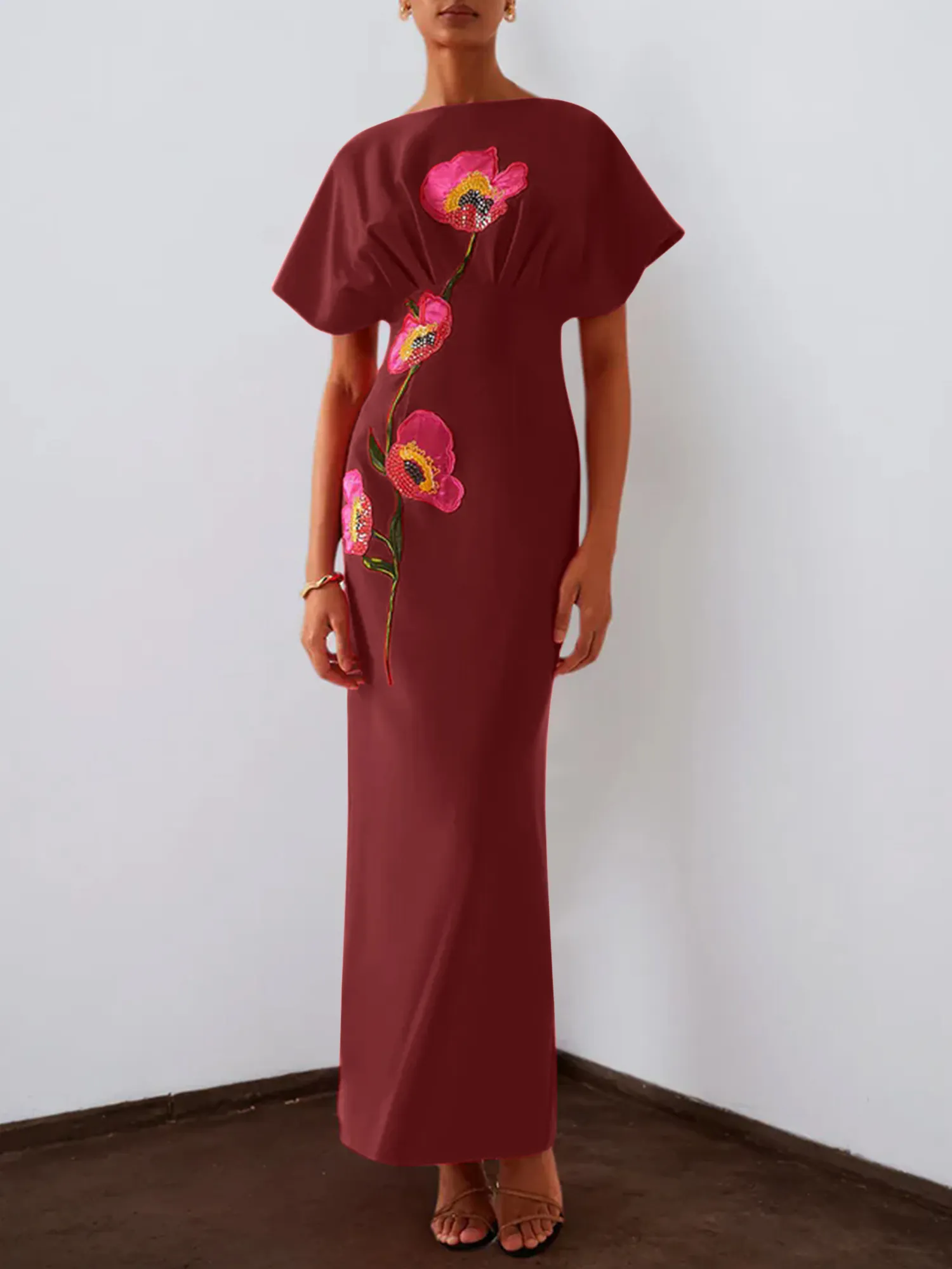 Floral Embroidered Boat Neck Batwing Sleeve Column Evening Gown