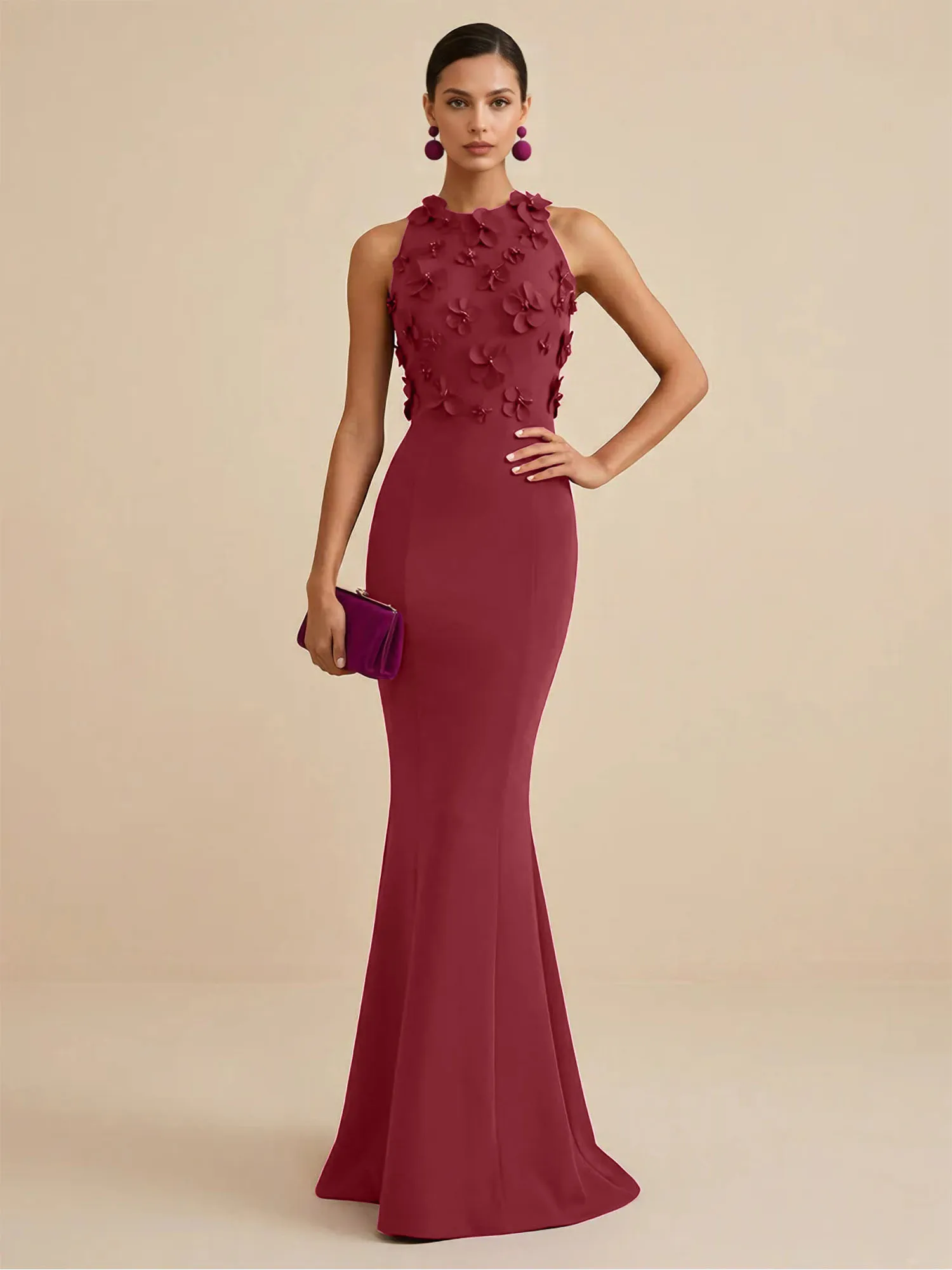 Scoop Neck 3D Floral Appliqué Crepe Mermaid Evening Gown