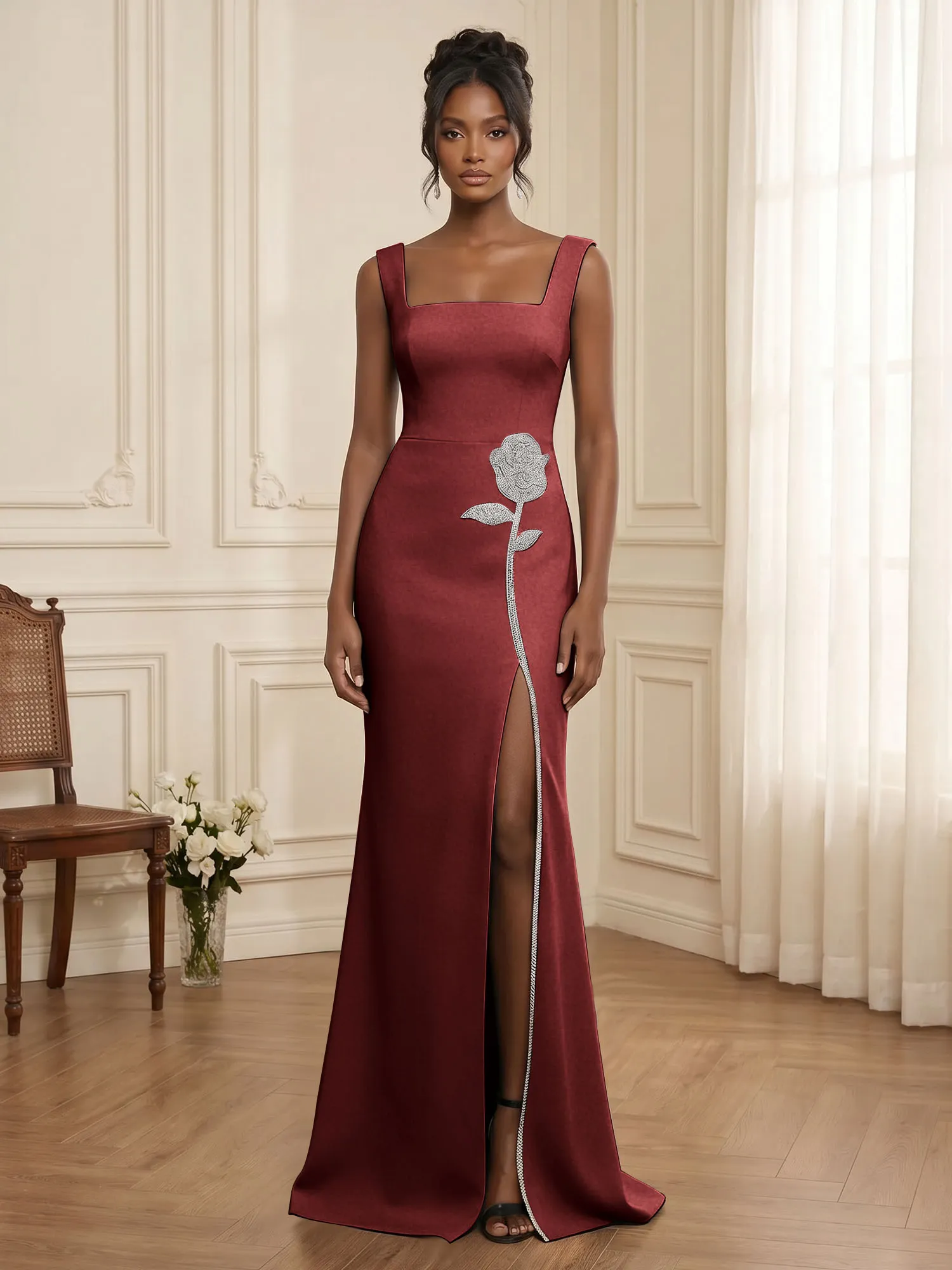 Square Neck Crystal Rose Appliqué Crepe Mermaid Evening Gown