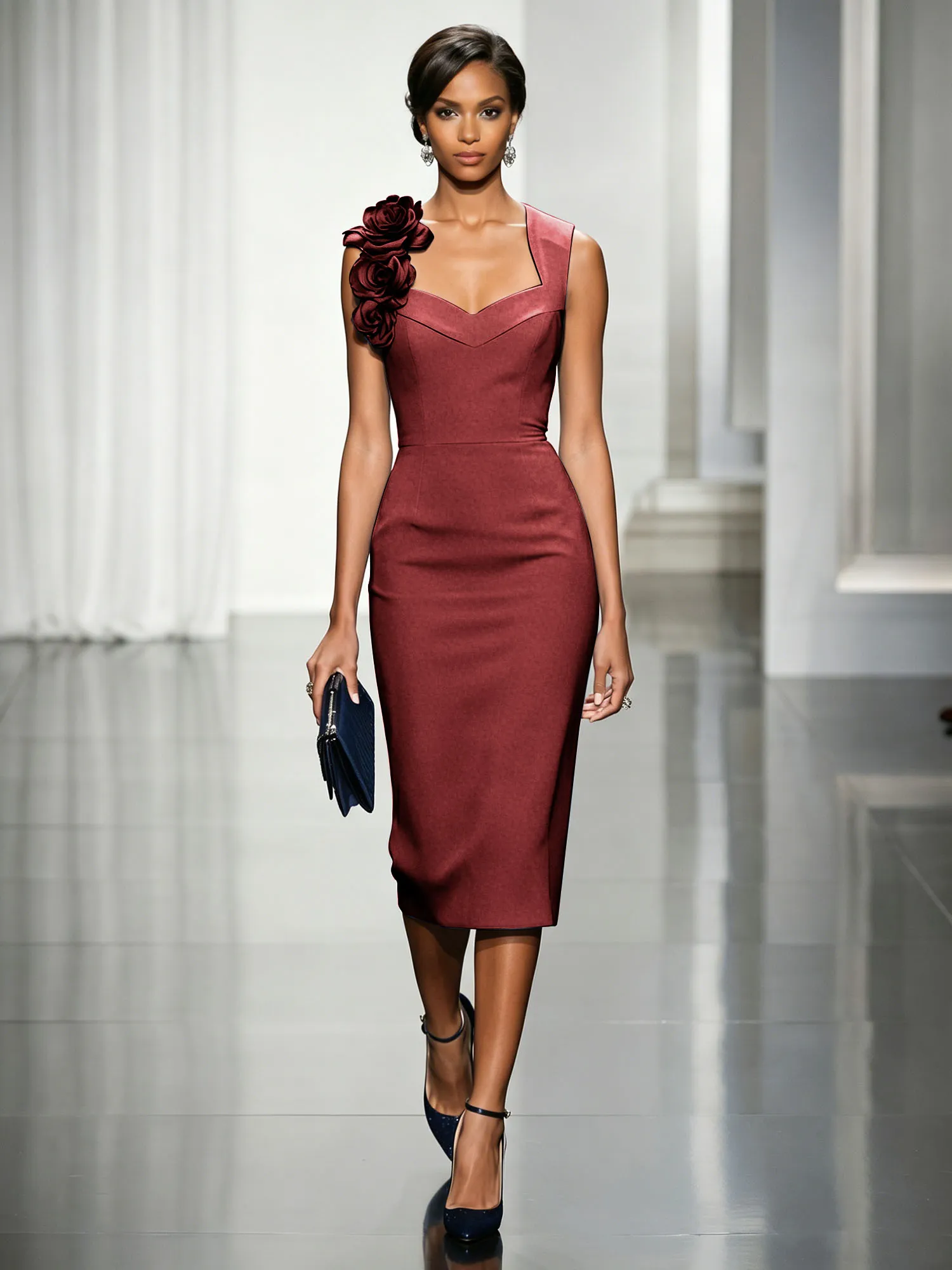 Asymmetric Neckline Crepe Midi Dress with 3D Floral Appliqué