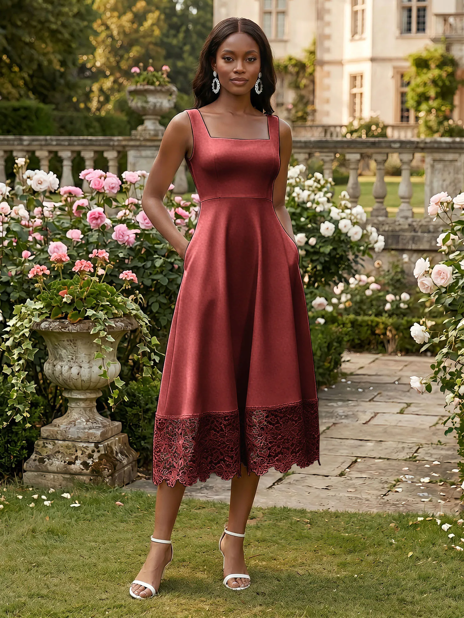 Square Neck Crepe Midi Evening Dress with Lace Hem