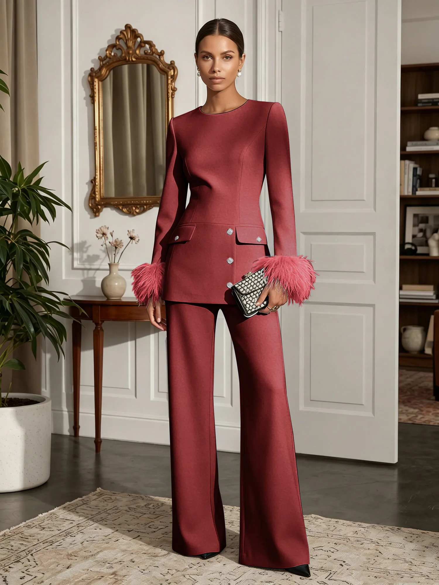 Scoop Neck Feather Cuff Tailored Evening Pant Suit