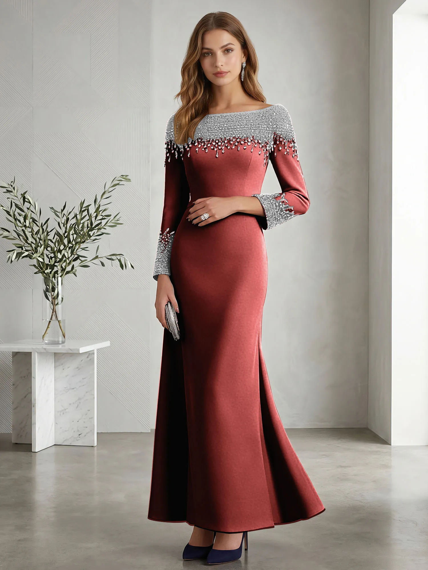 Beaded Off-the-Shoulder Long Sleeve Mermaid Evening Gown