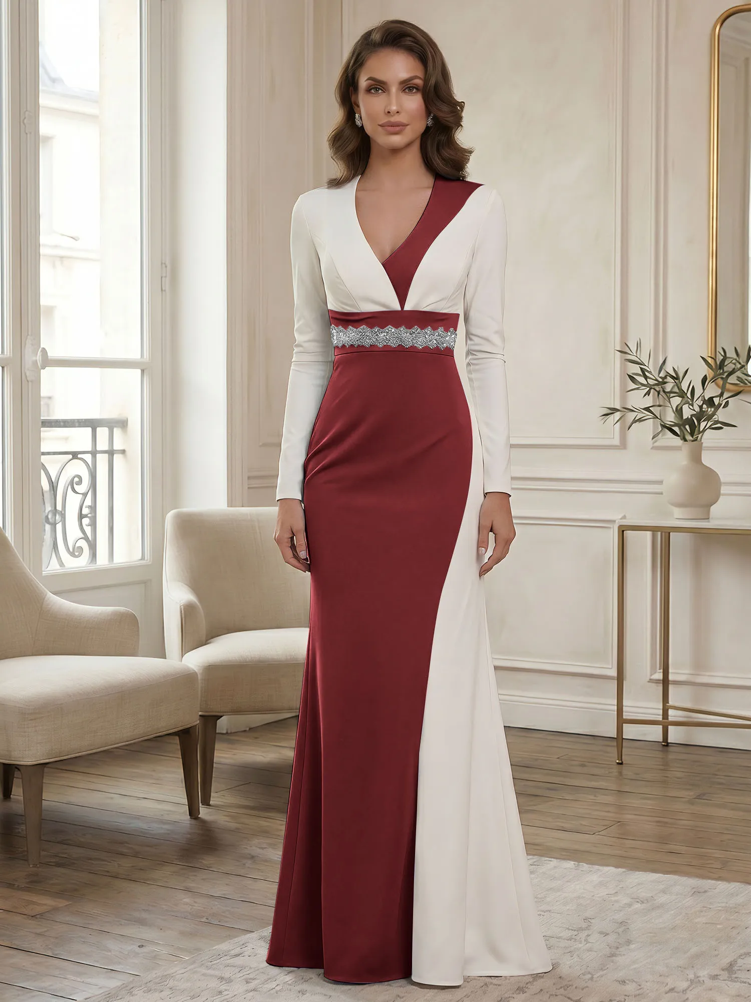 Two-Tone Long Sleeve Mermaid Evening Gown with Beaded Waistband