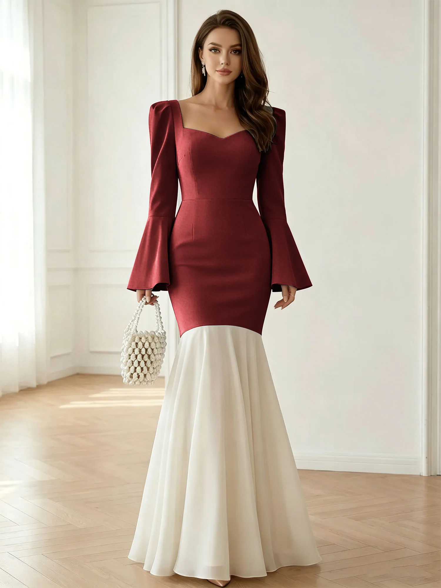 Sweetheart Neck Bell Sleeve Two-Tone Mermaid Evening Gown