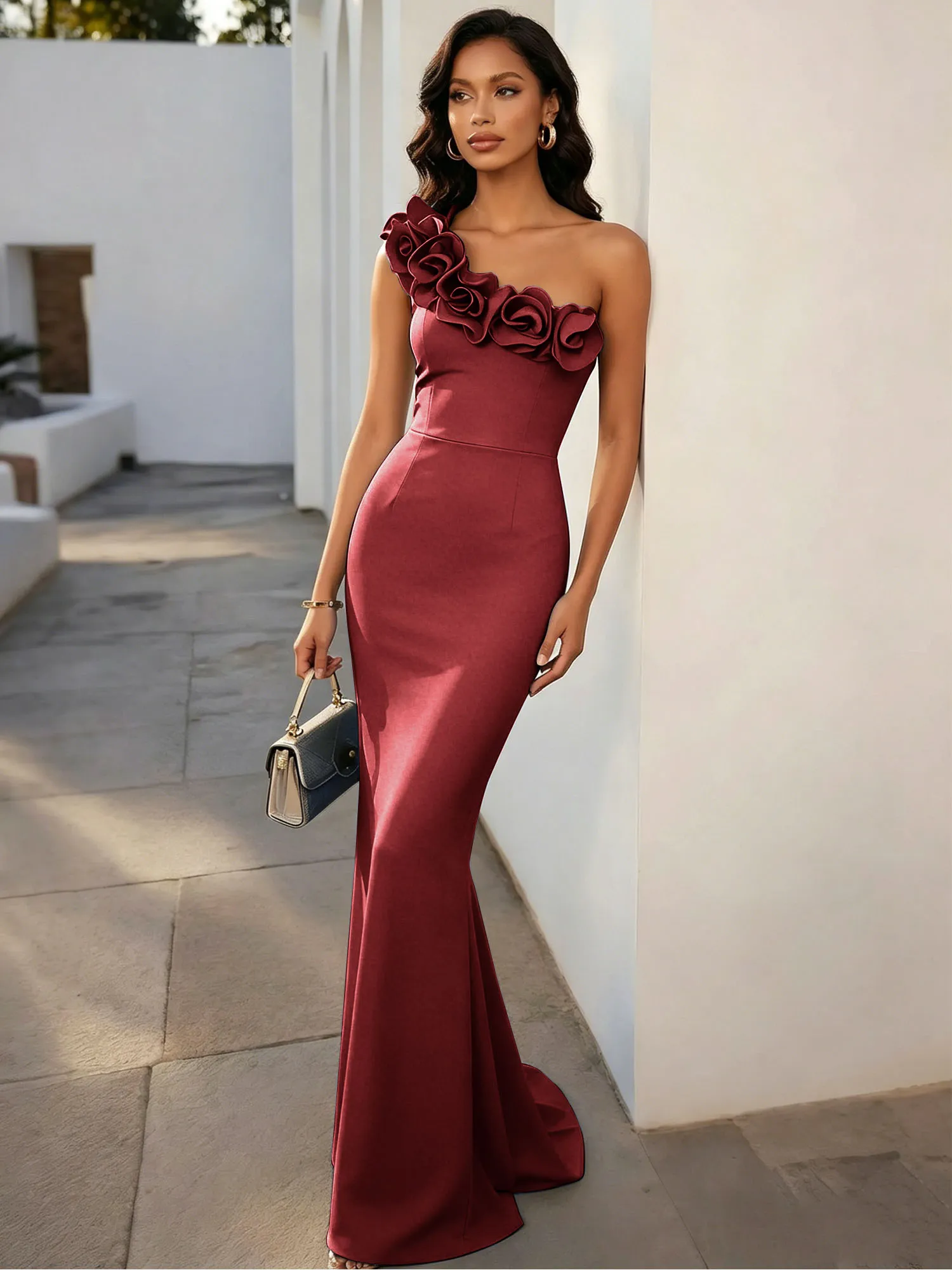 One-Shoulder 3D Floral Mermaid Evening Gown