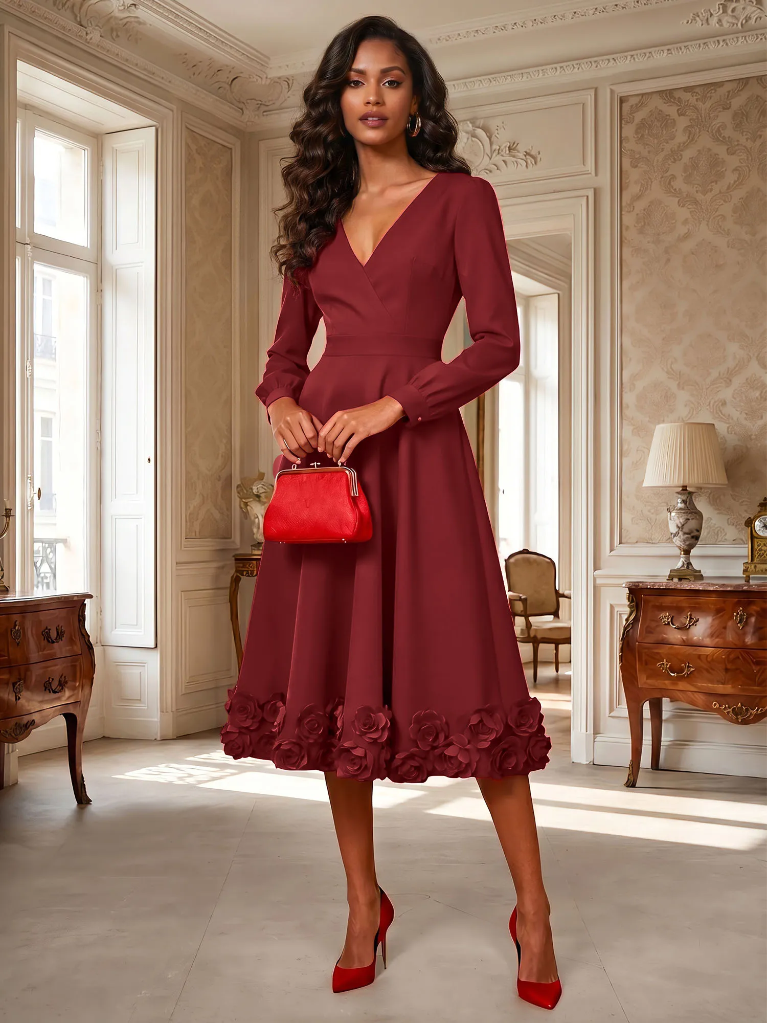 V-Neck Long Sleeve A-Line Midi Evening Dress with 3D Floral Hem