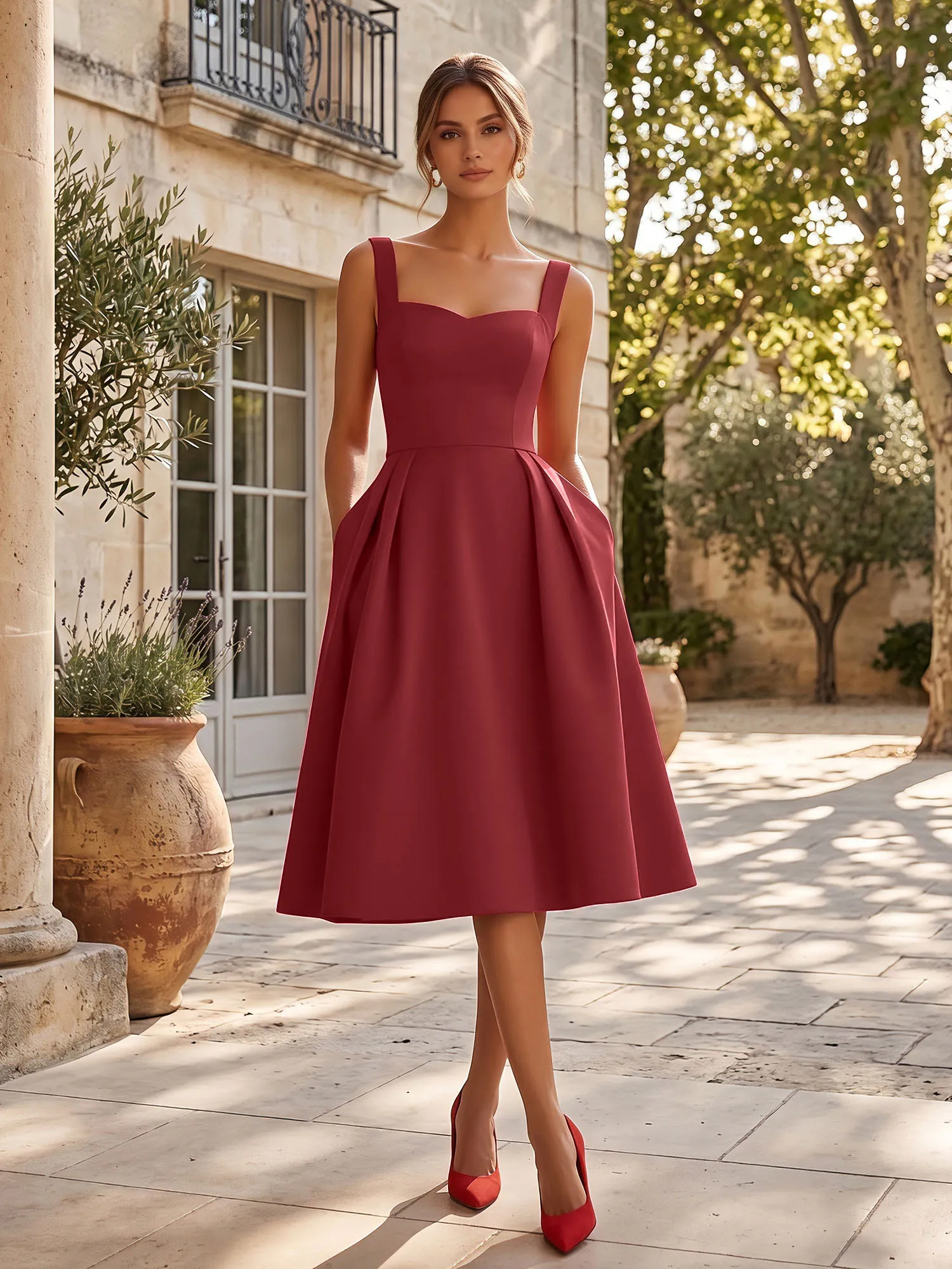 Sweetheart Neck Sleeveless Fit-and-Flare Midi Evening Dress