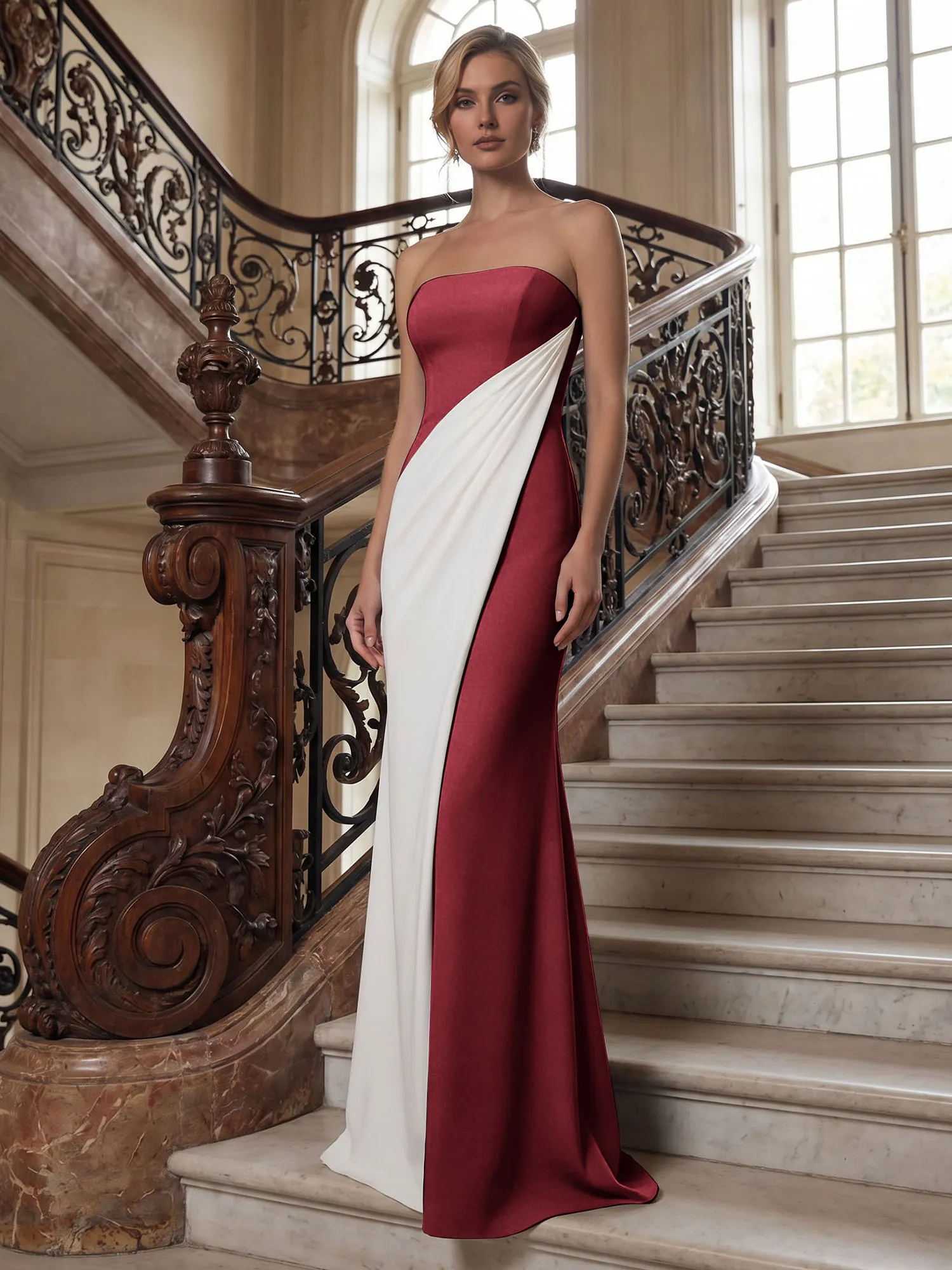 Strapless Two-Tone Draped Mermaid Evening Gown