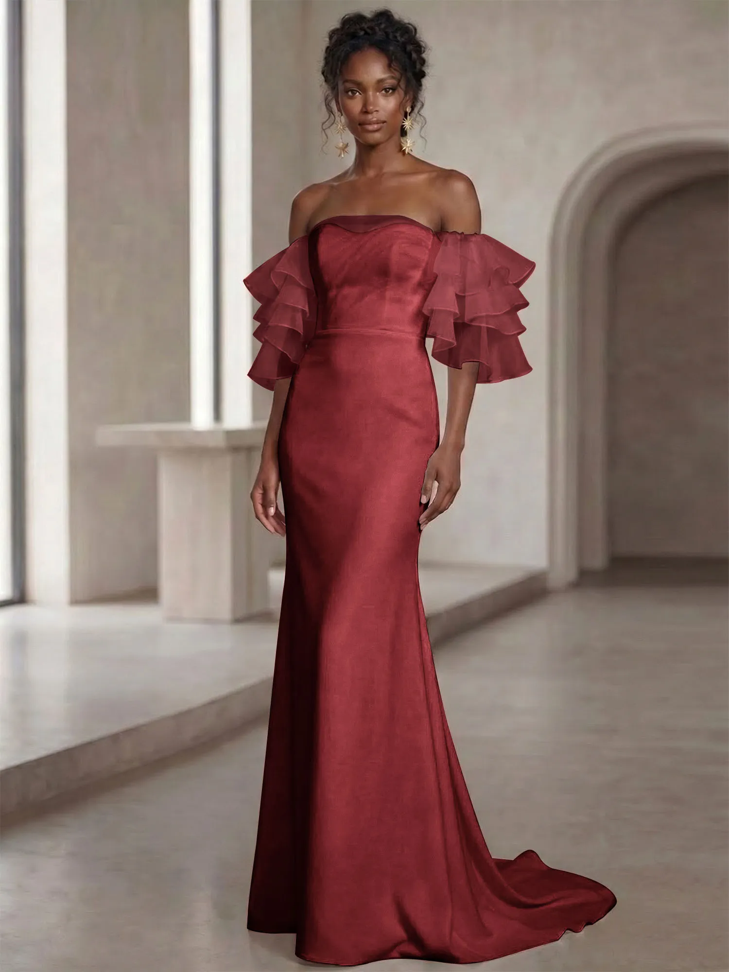 Off-the-Shoulder Tiered Organza Sleeve Mermaid Evening Gown