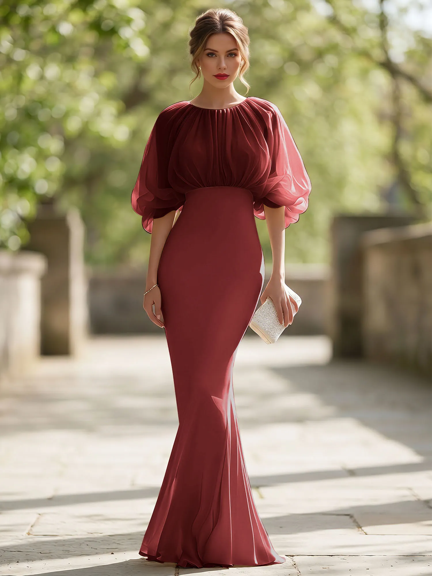 Bateau Neck Organza Bubble Sleeve Mermaid Evening Gown