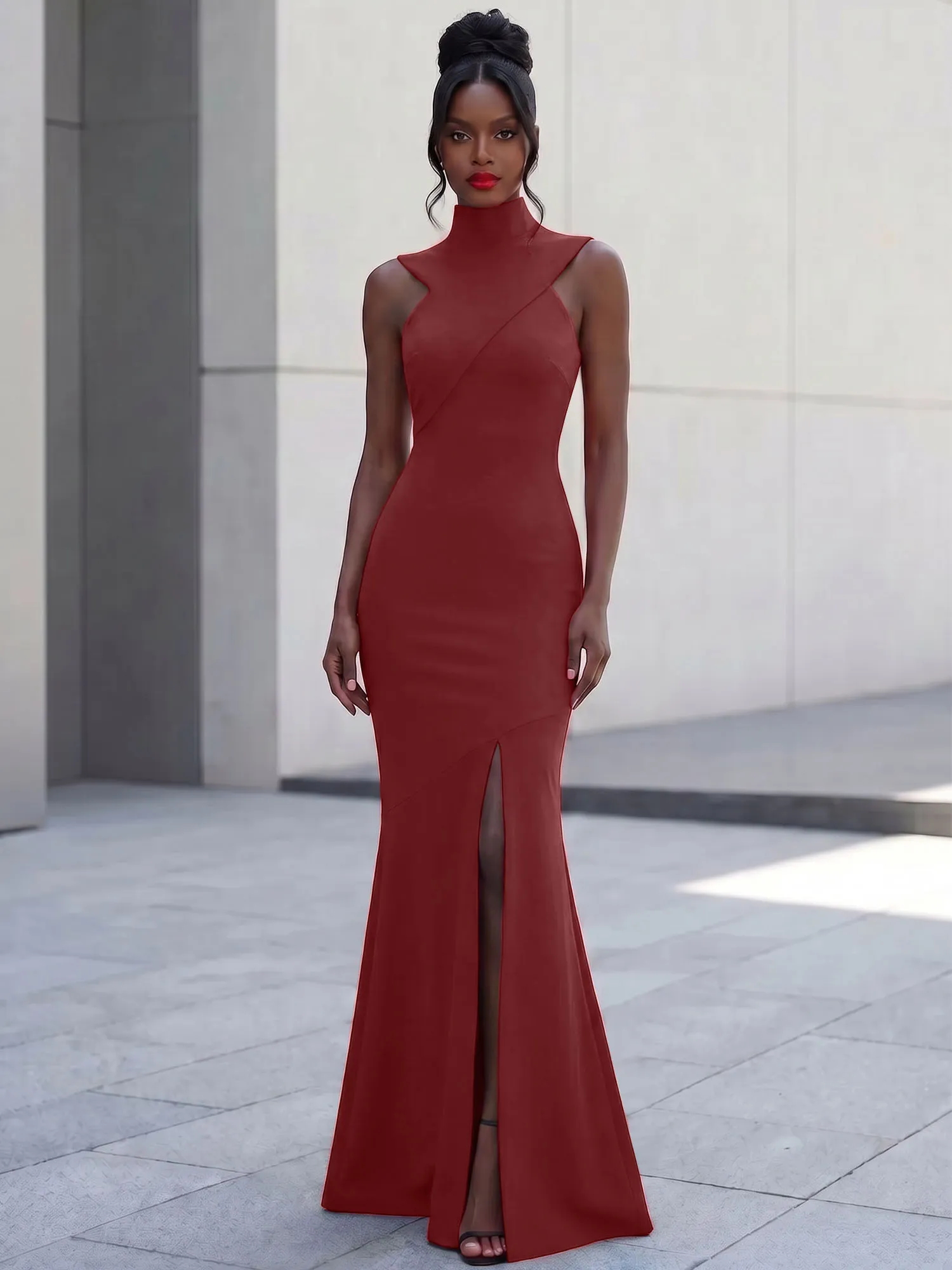 High Neck Asymmetric Cutout Mermaid Evening Gown