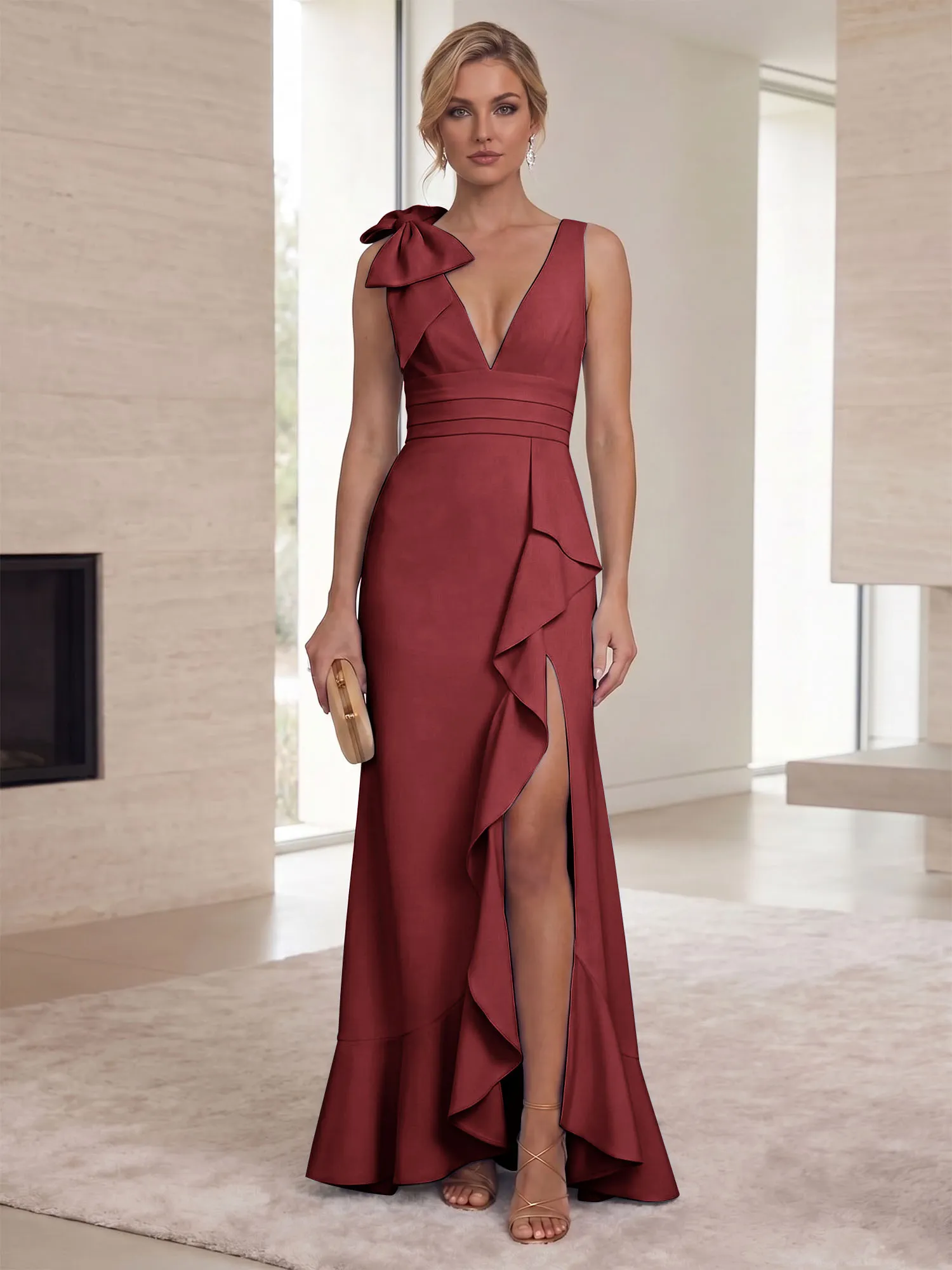 Deep V-Neck Bow-Shoulder Ruffle Slit Mermaid Evening Gown