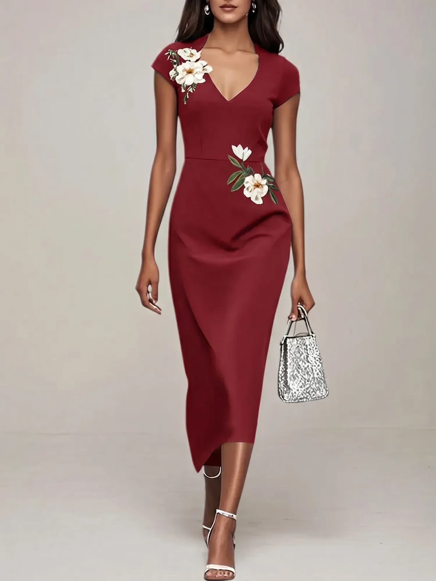 V-Neck Cap Sleeve Floral Embroidered Sheath Evening Dress
