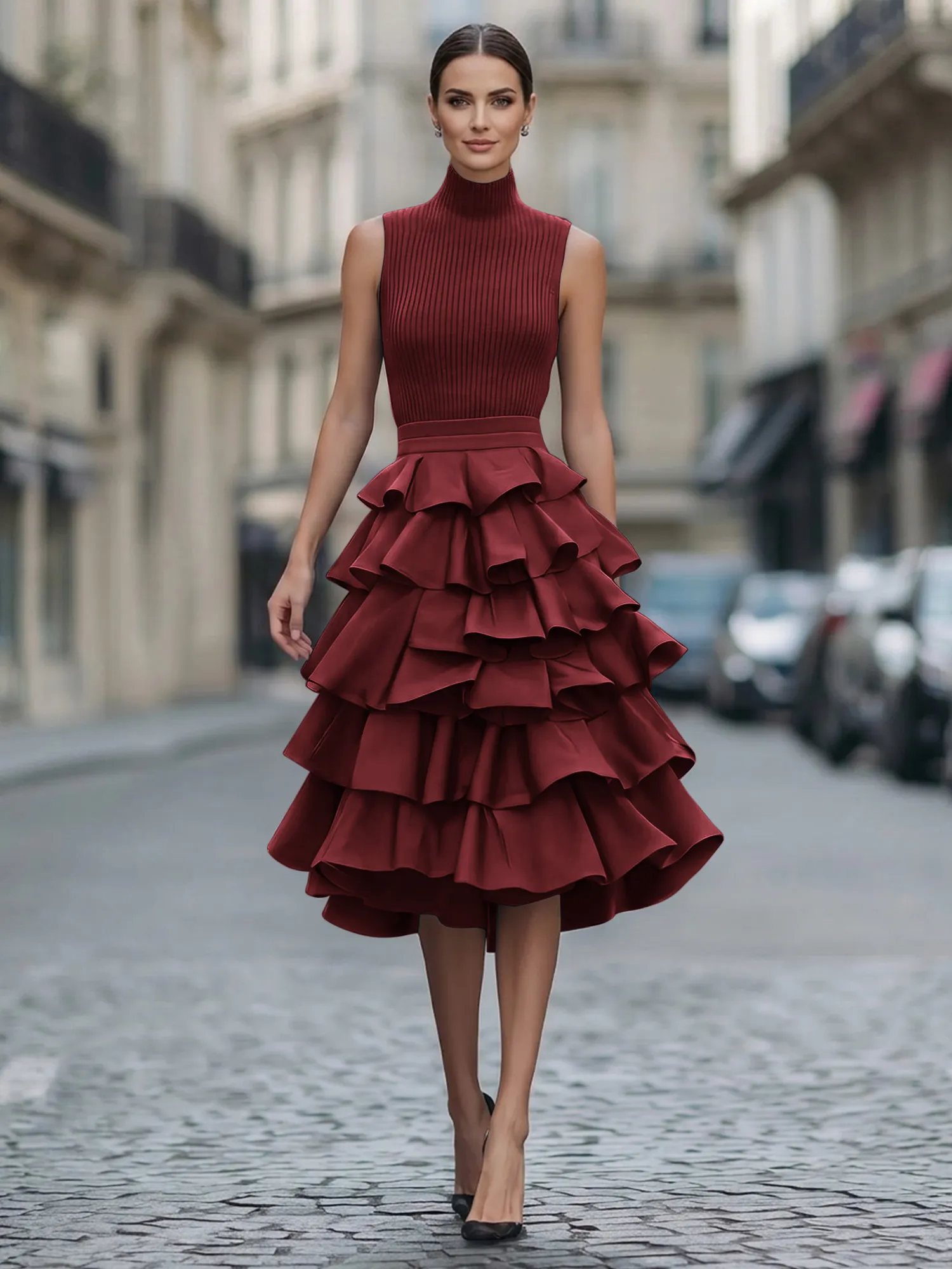 A Line High-Neck Pleated Tiered Evening Dress Maxi Dress