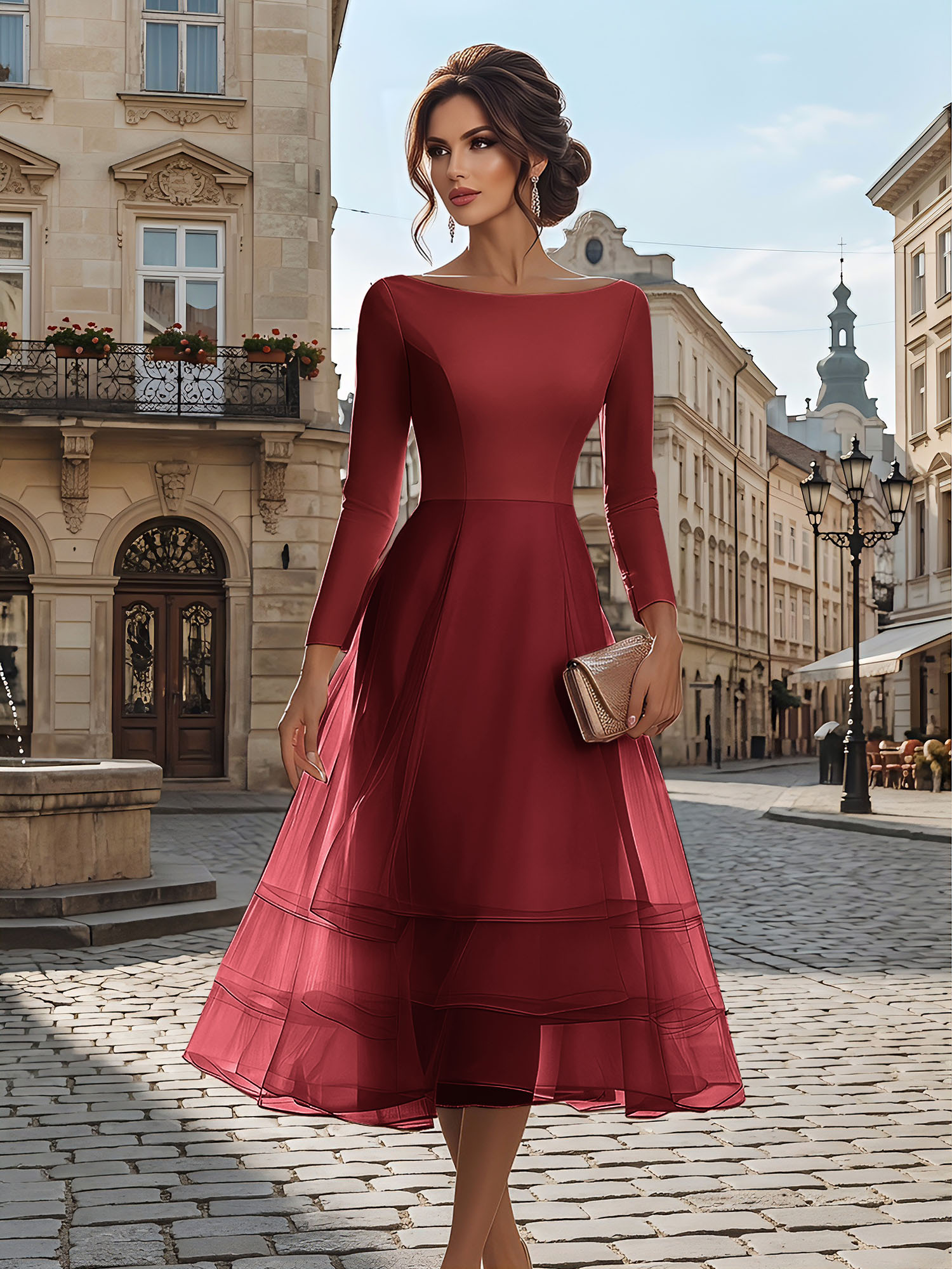 Timeless Evening Foraml Gown Blush Pink Long-Sleeve Layered Organza Midi Dress