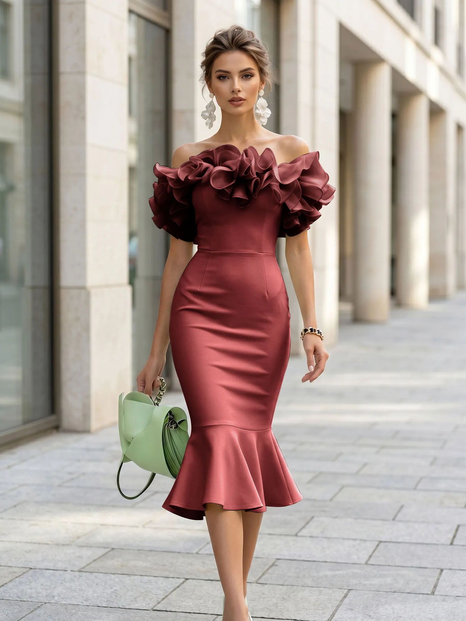 Off-the-Shoulder Ruffle Midi Midi Cocktail Dress Evening Dress