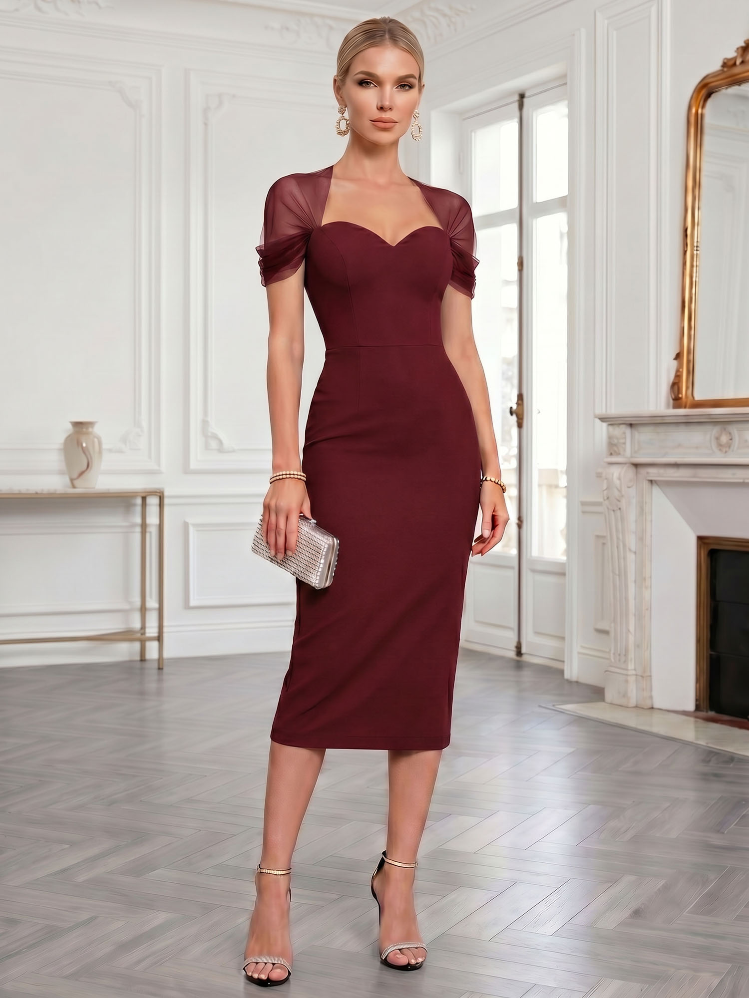 Sophisticated Black Mesh-Draped Sweetheart Midi Evening Gown