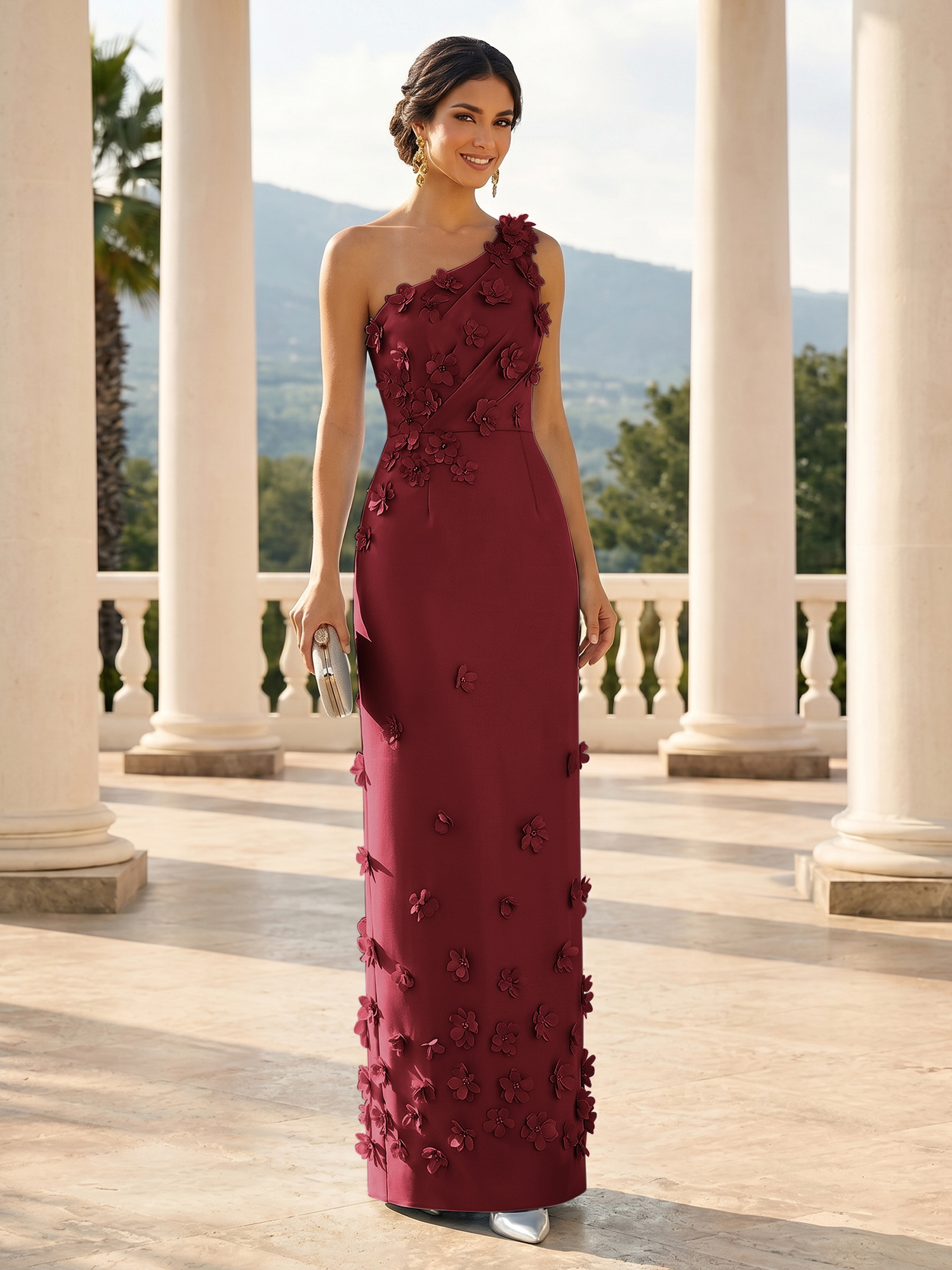 Enchanting Sky Blue One-Shoulder Evening Dress with 3D Floral Appliqués