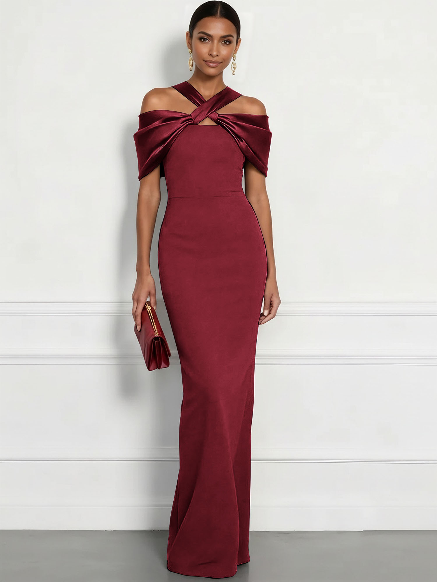  Regal Plum Crepe Column Gown with Satin Criss-Cross Halter Maxi Dress