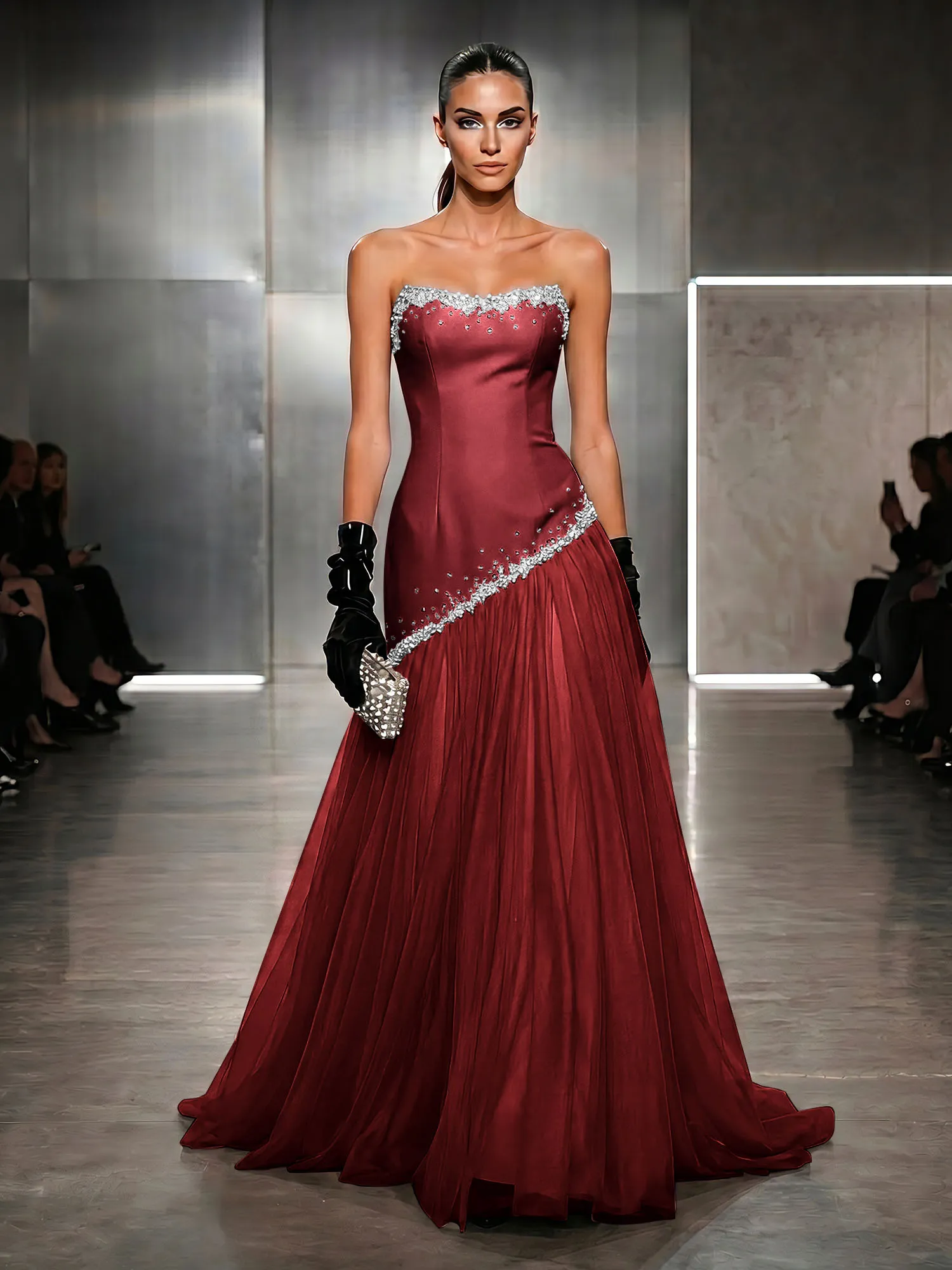 Strapless Tulle Beaded Corset Evening Gown Maxi Dress