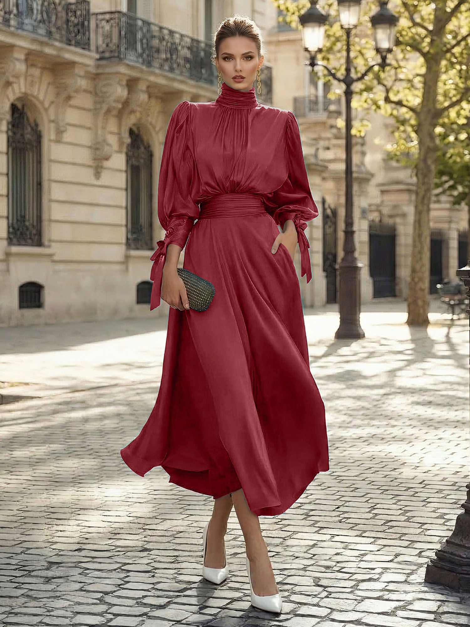 Sophisticated Camel V-Neck Balloon Sleeve Midi Dress Evening Gown