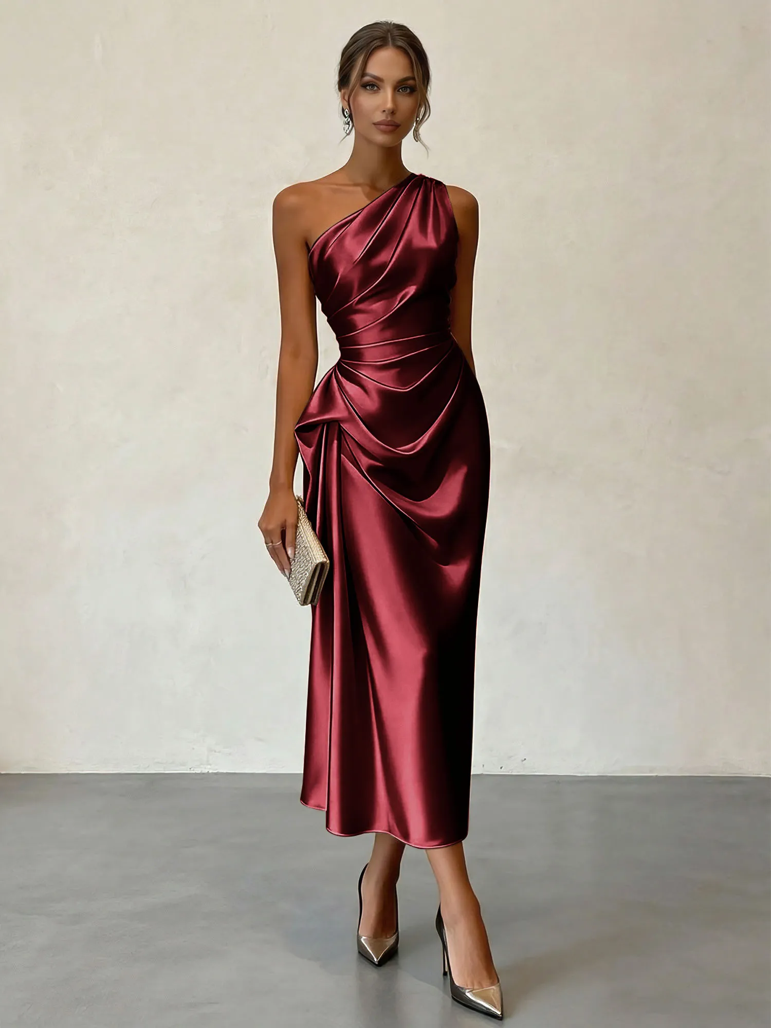 One-Shoulder Ruched Satin Midi Evening Dress with Draped Detail