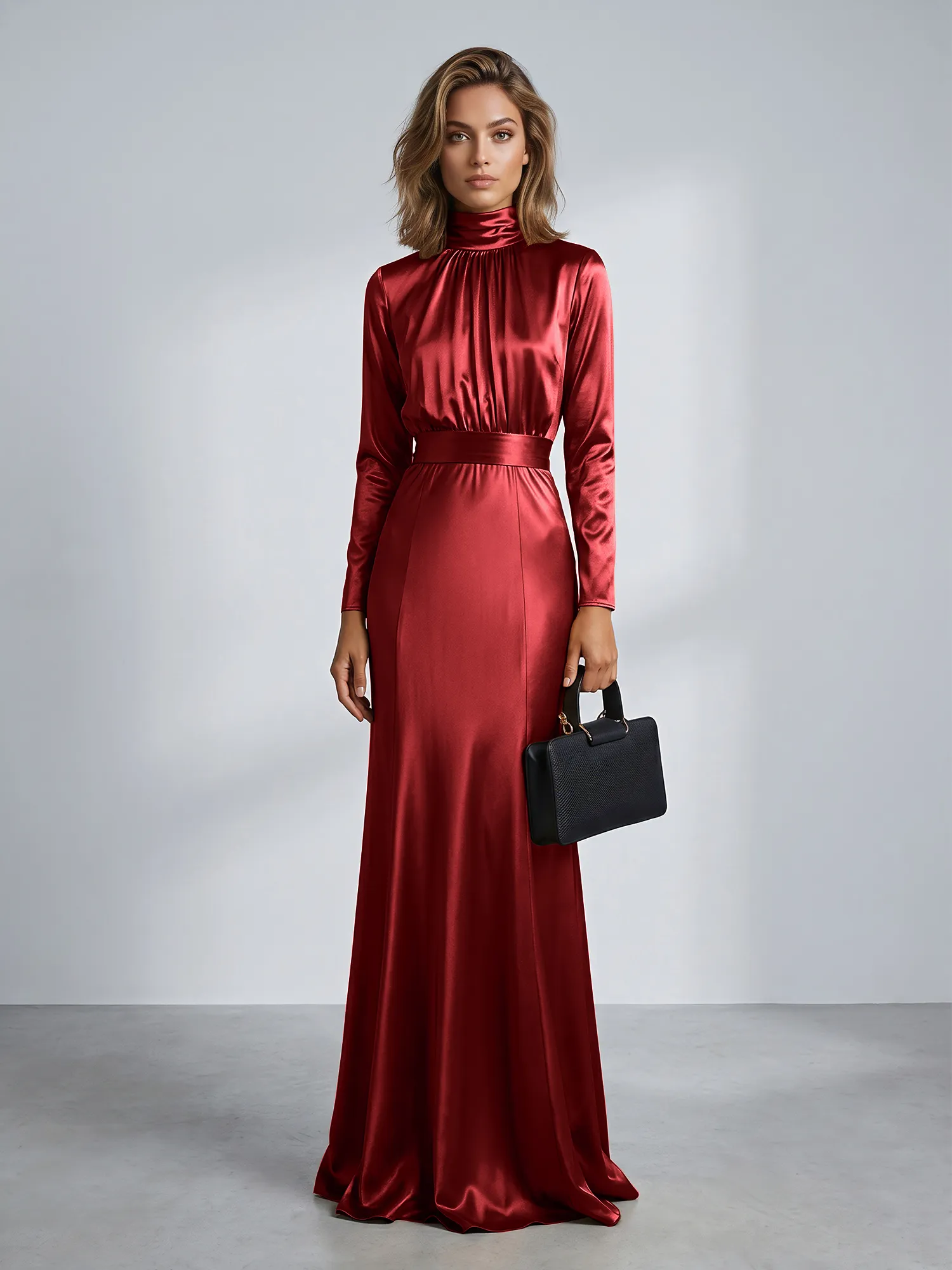 High Neck Long Sleeve Satin Mermaid Evening Gown with Waist Sash