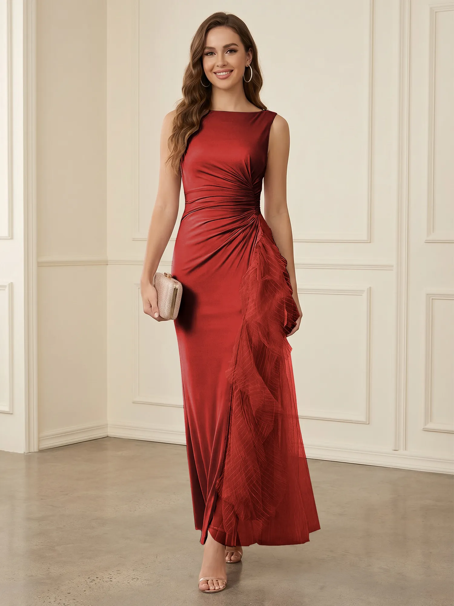 Sleeveless Ruched Sheath Evening Gown with Tulle Ruffle Detail