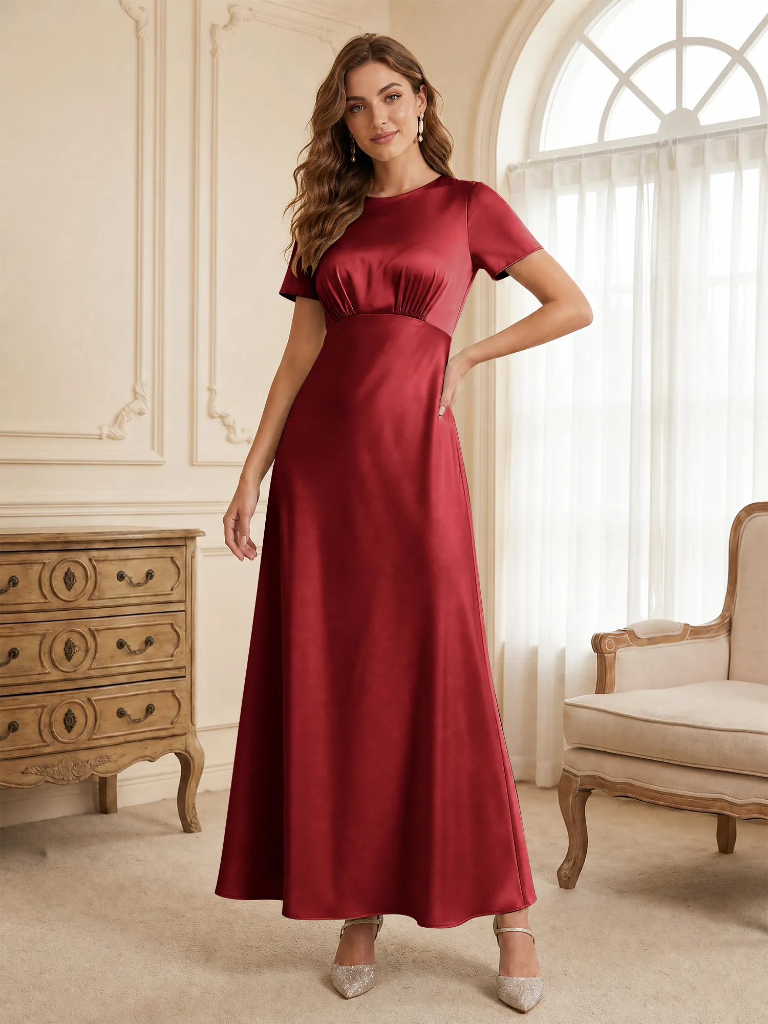 Round Neck Short Sleeve Satin Bridesmaid Dress