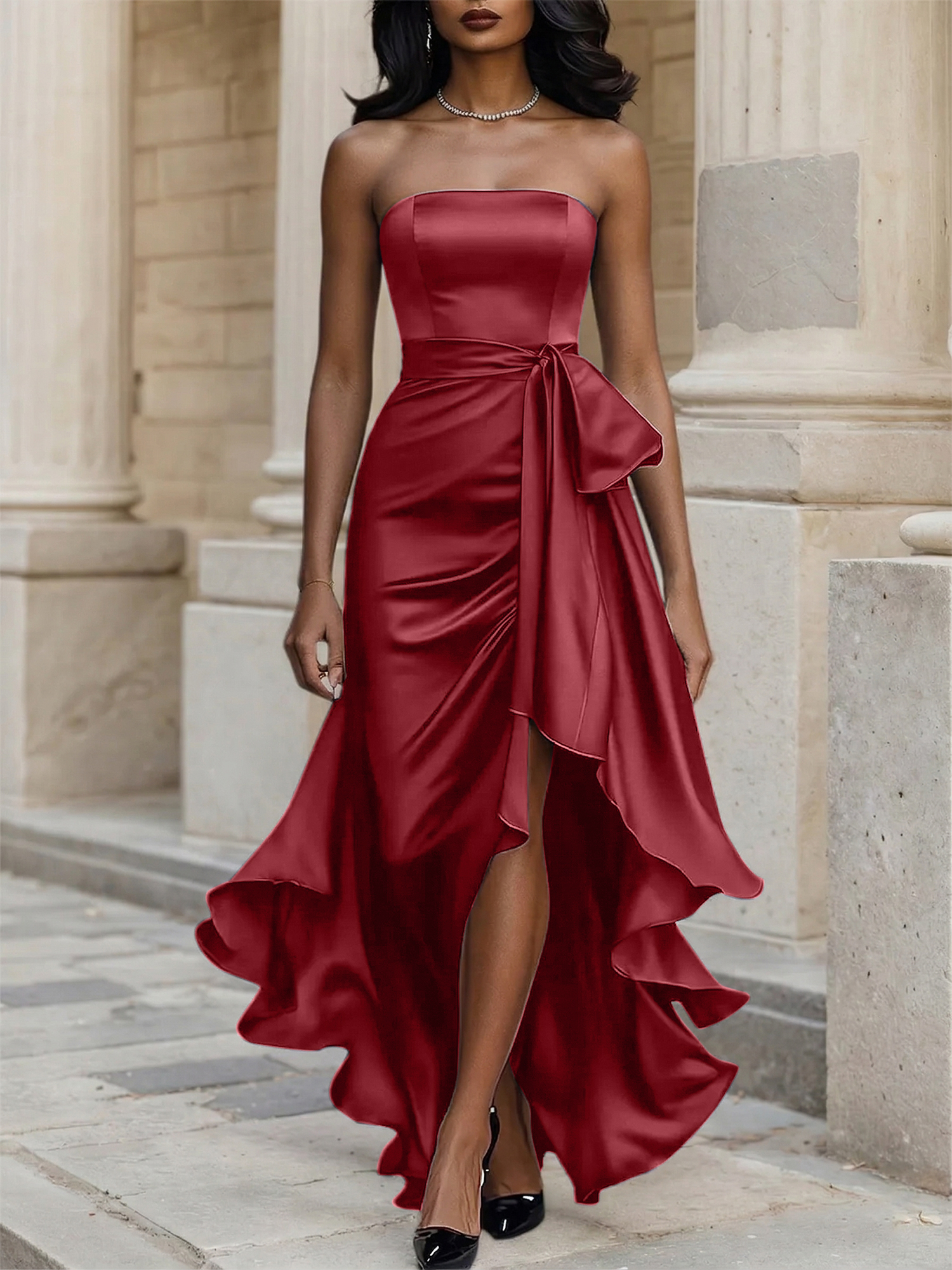 Glamorous Formal Dress Midnight Navy Strapless High-Low Satin Gown Midi Dress