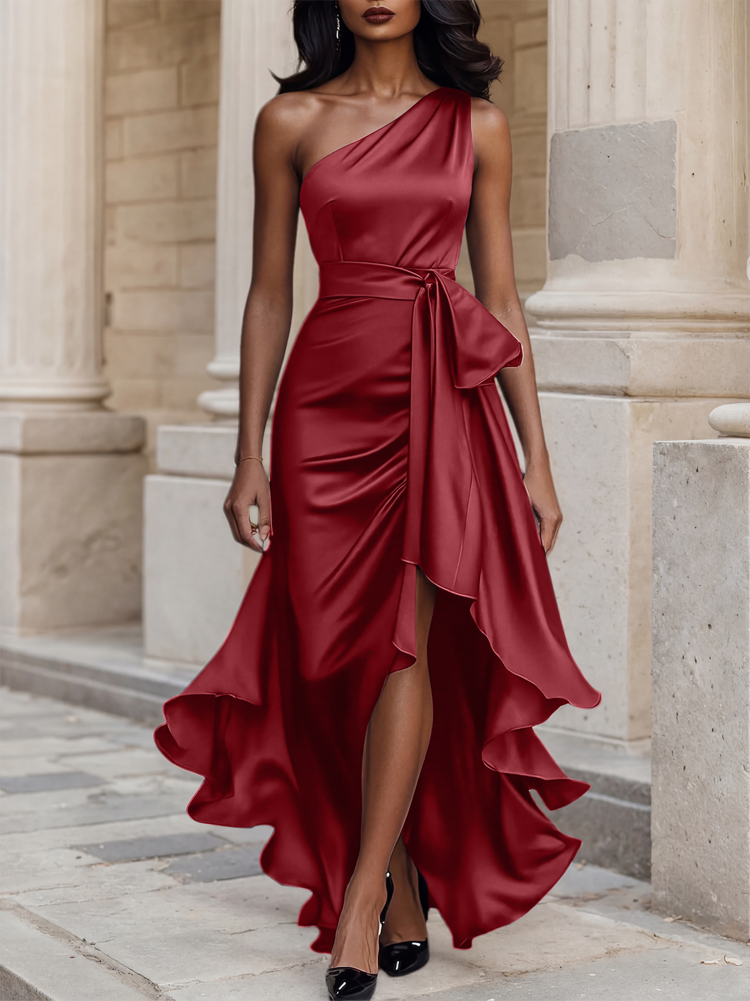 Glamorous Formal Dress Midnight Navy One Shoulder High-Low Satin Gown Midi Dress