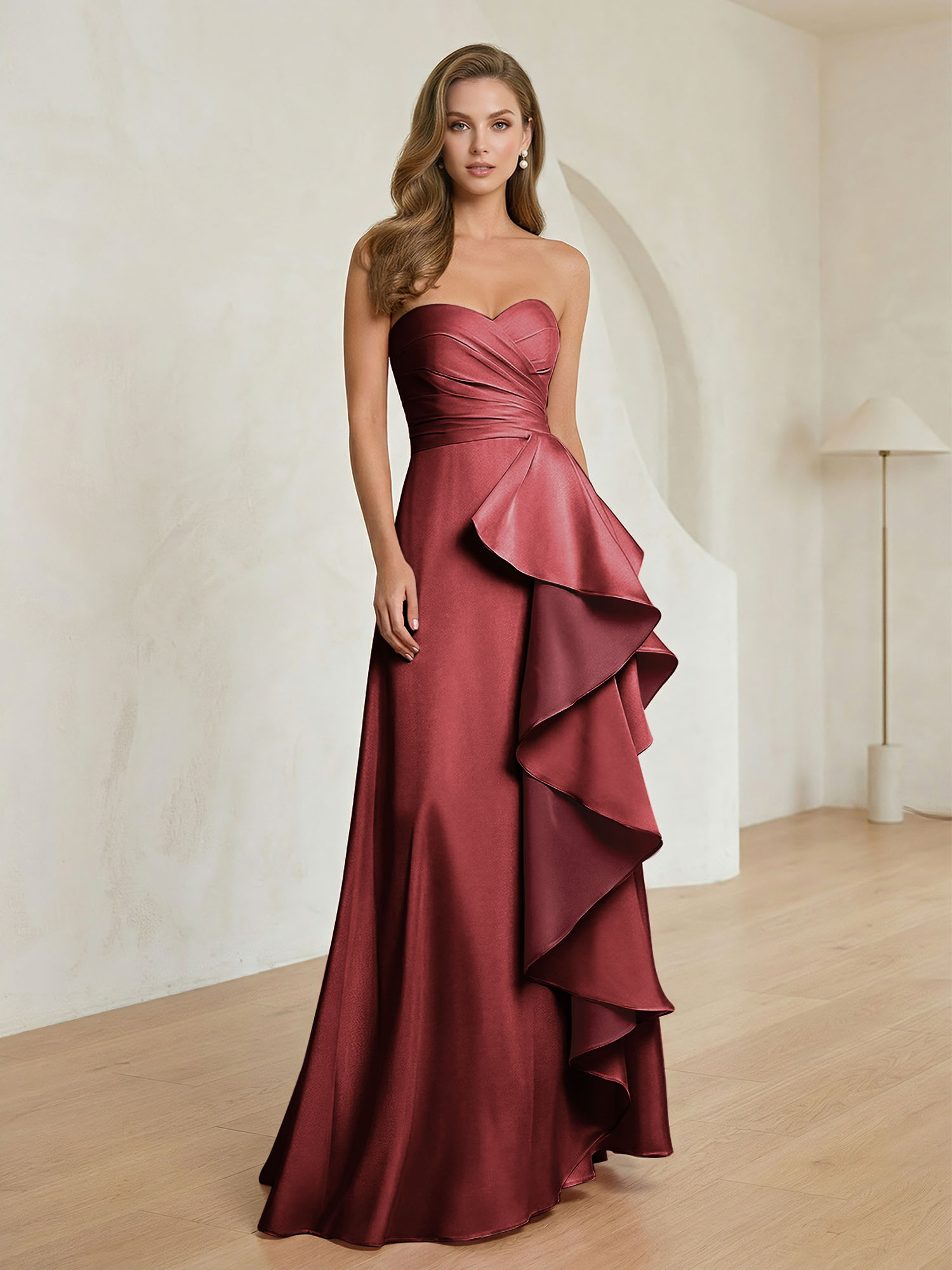 Formal Evening Dress Blush Strapless Ruffle Maxi Dress Gown