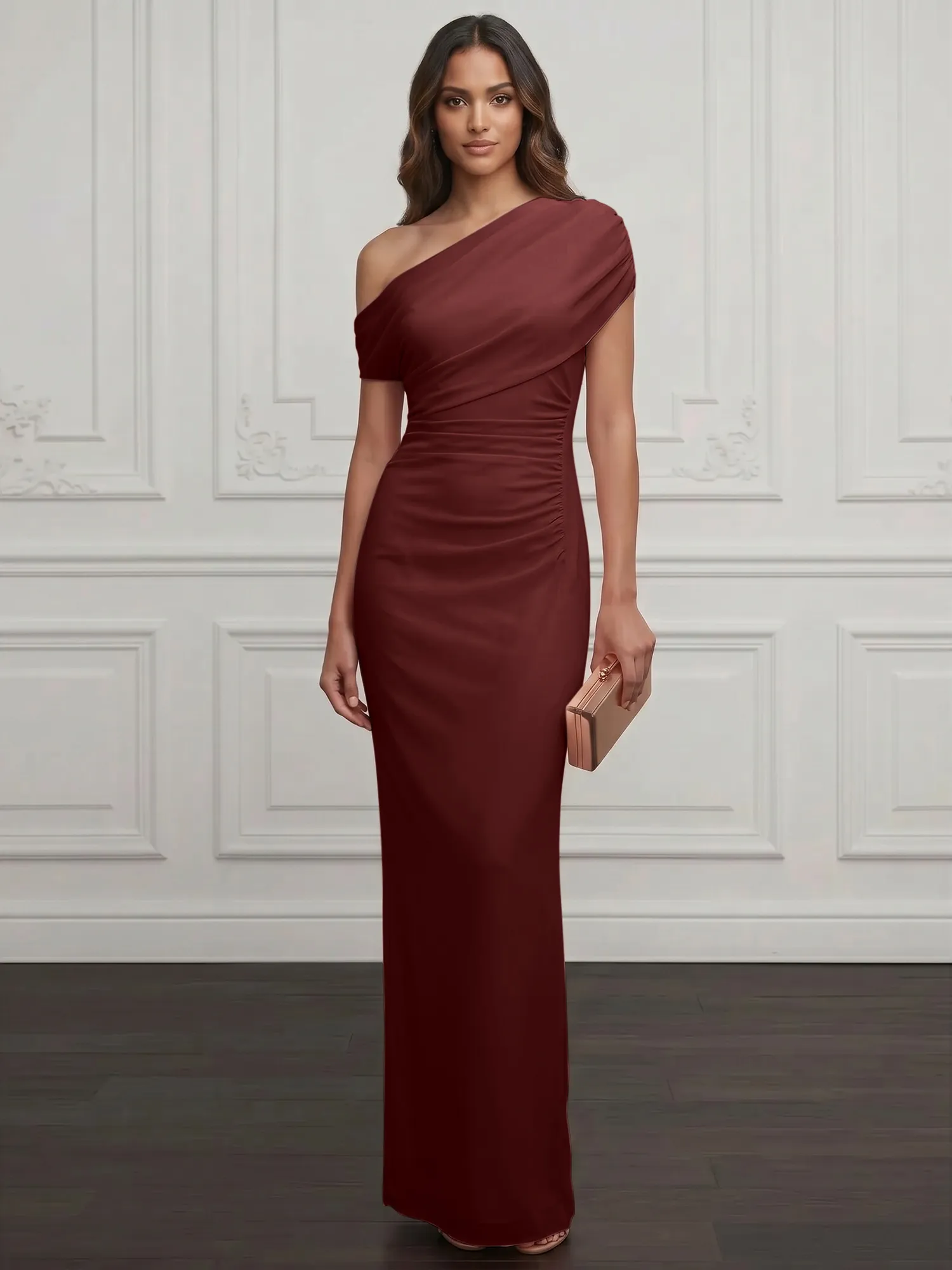One-Shoulder Draped Chiffon Evening Gown
