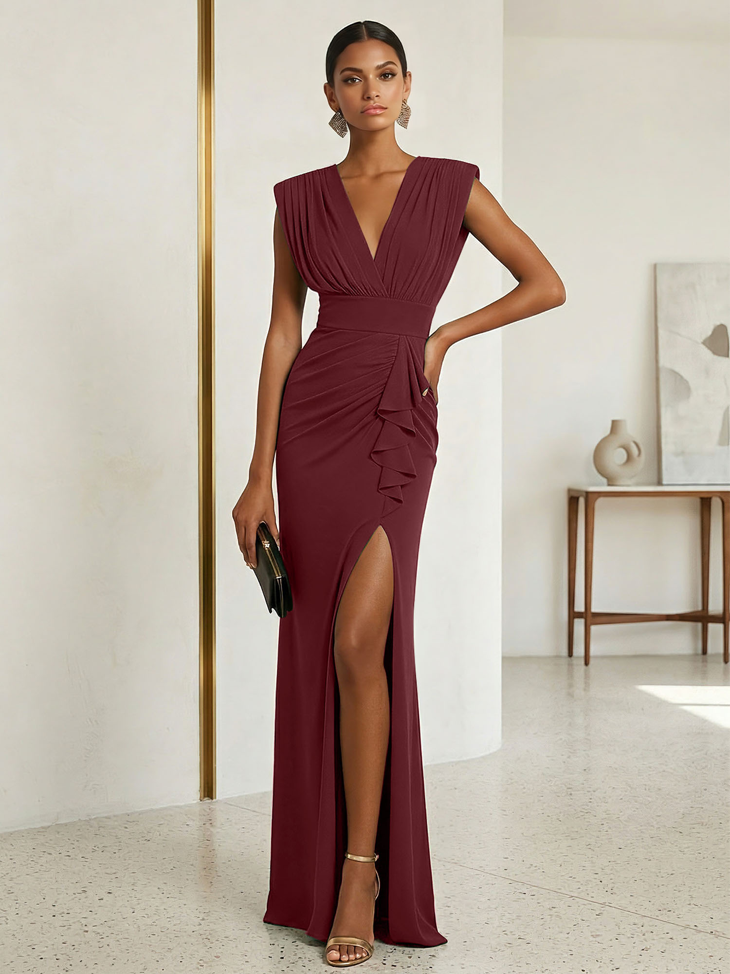 Commanding Formal Evening Dress Emerald Green Plunging V-Neck Slit Gown