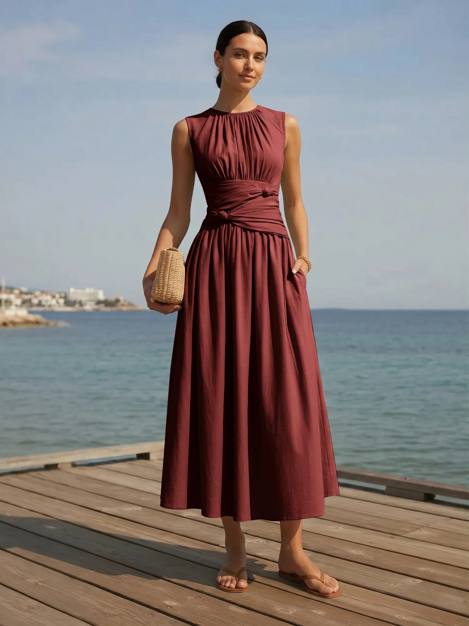 Sleeveless Round Neck Waist-Knot Midi Evening Dress