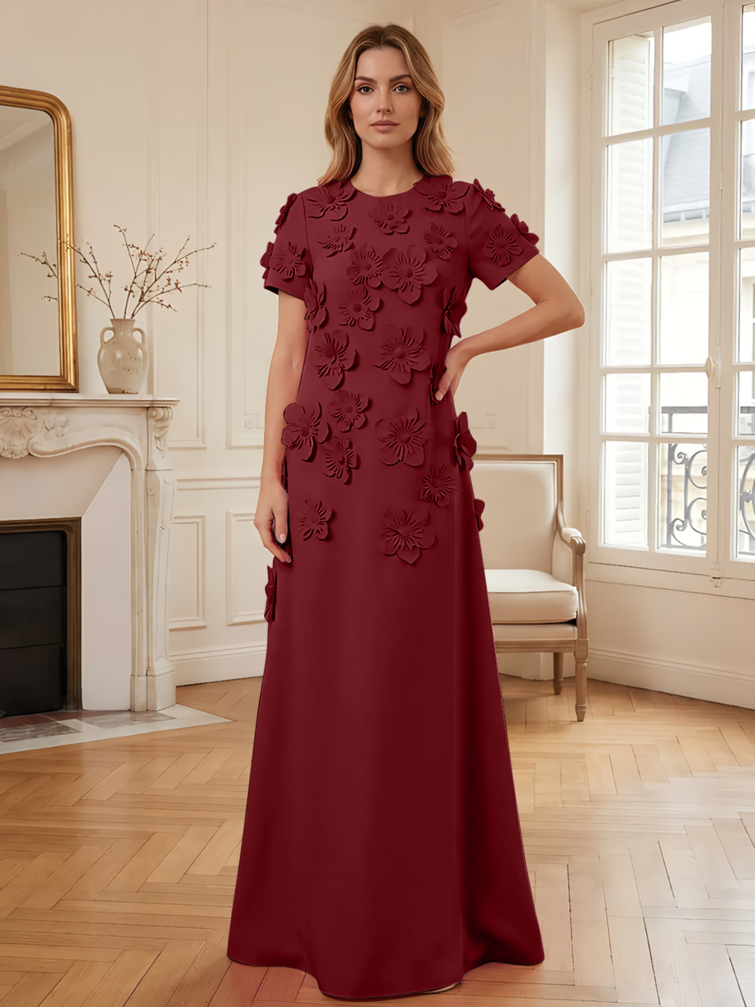 3D Floral Applique Short-Sleeve Column Evening Gown
