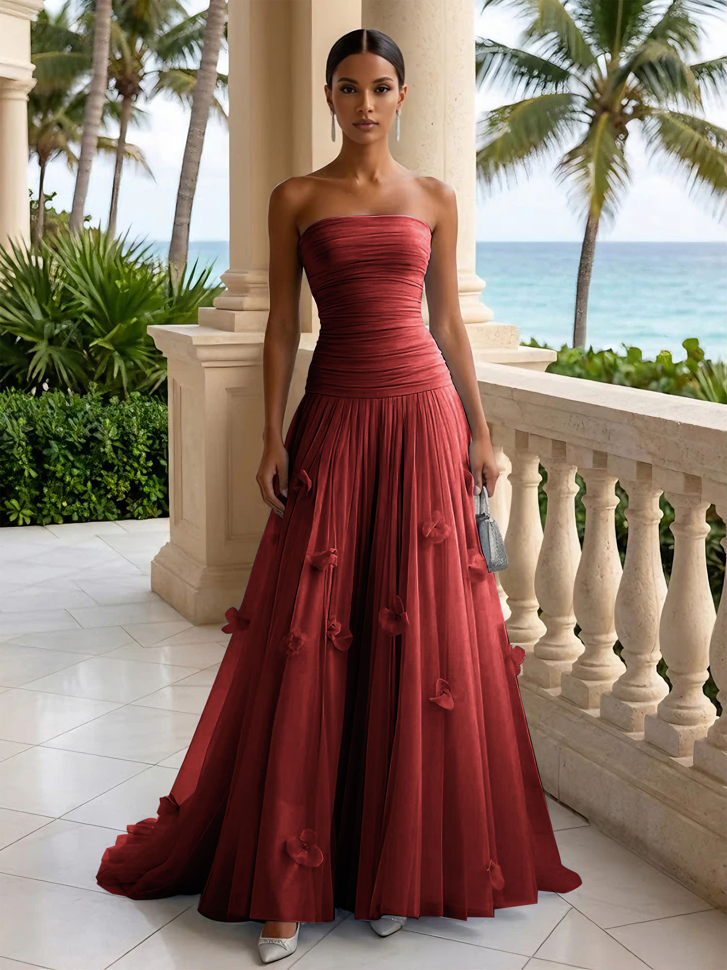 Light Blue Evening Dress with 3D Flower Strapless Pleat Maxi Dress