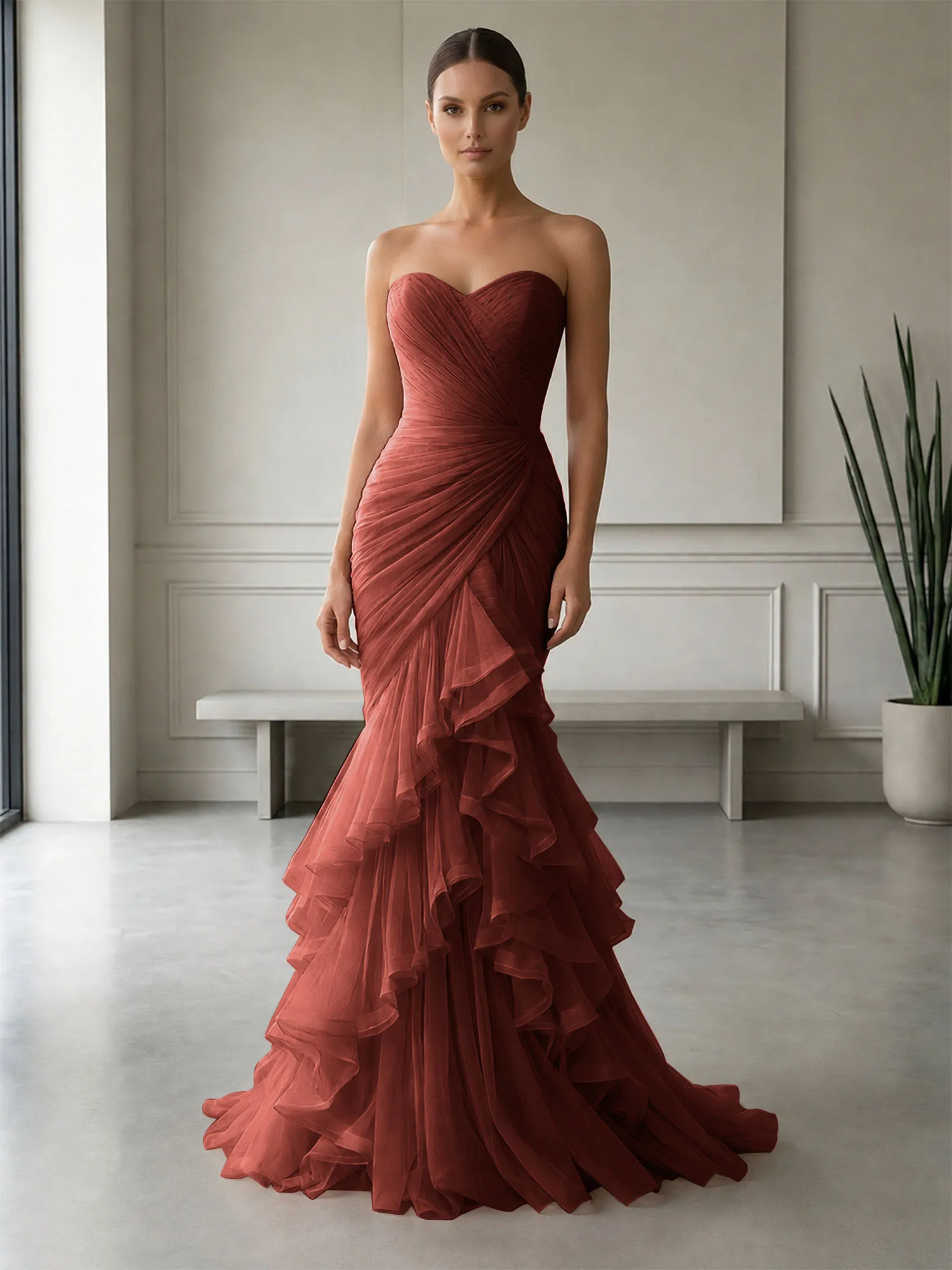 Strapless Ruched Tulle Mermaid Evening Gown Maxi Dress