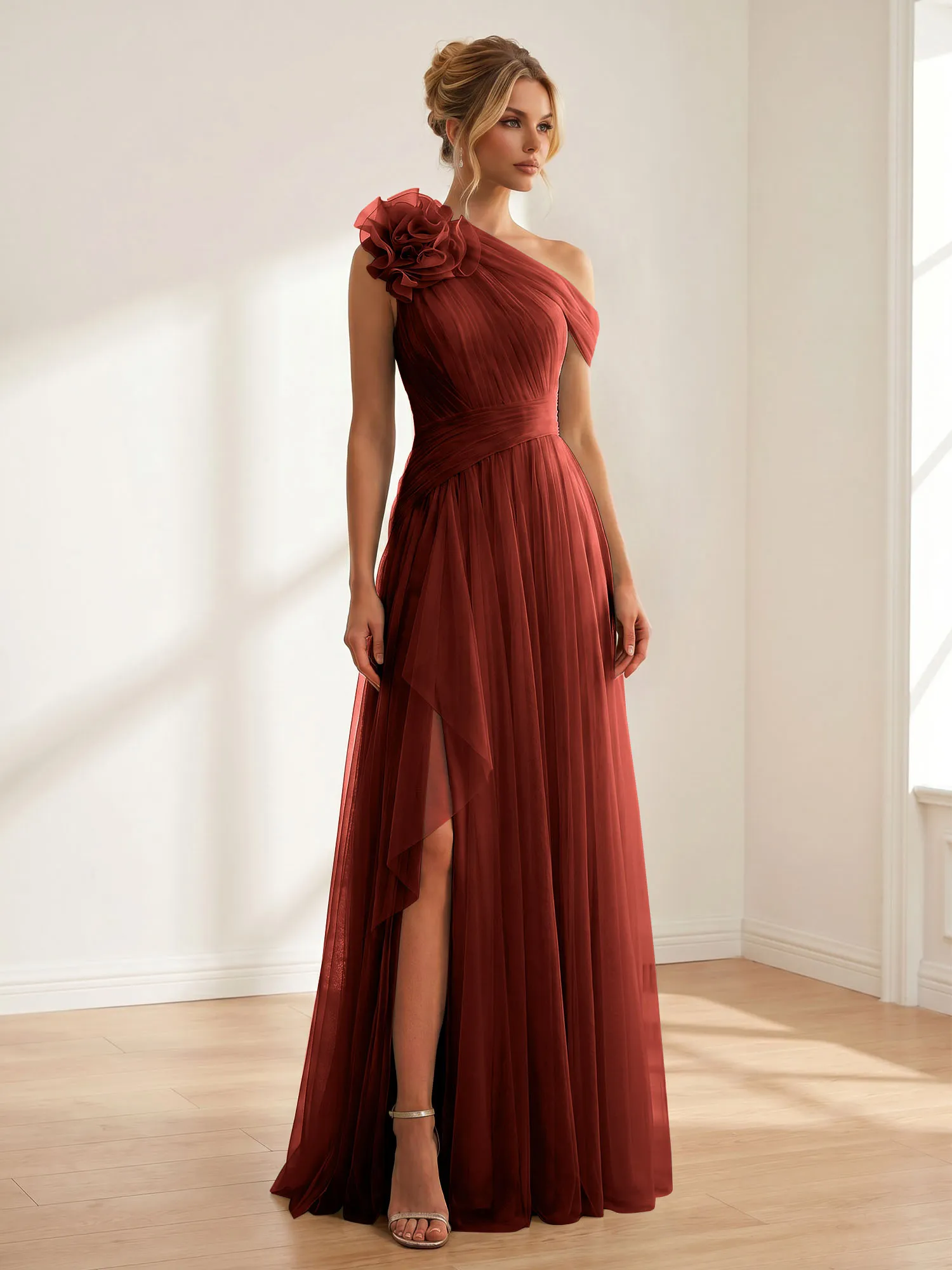 One-Shoulder Tulle Evening Gown with Floral Accent