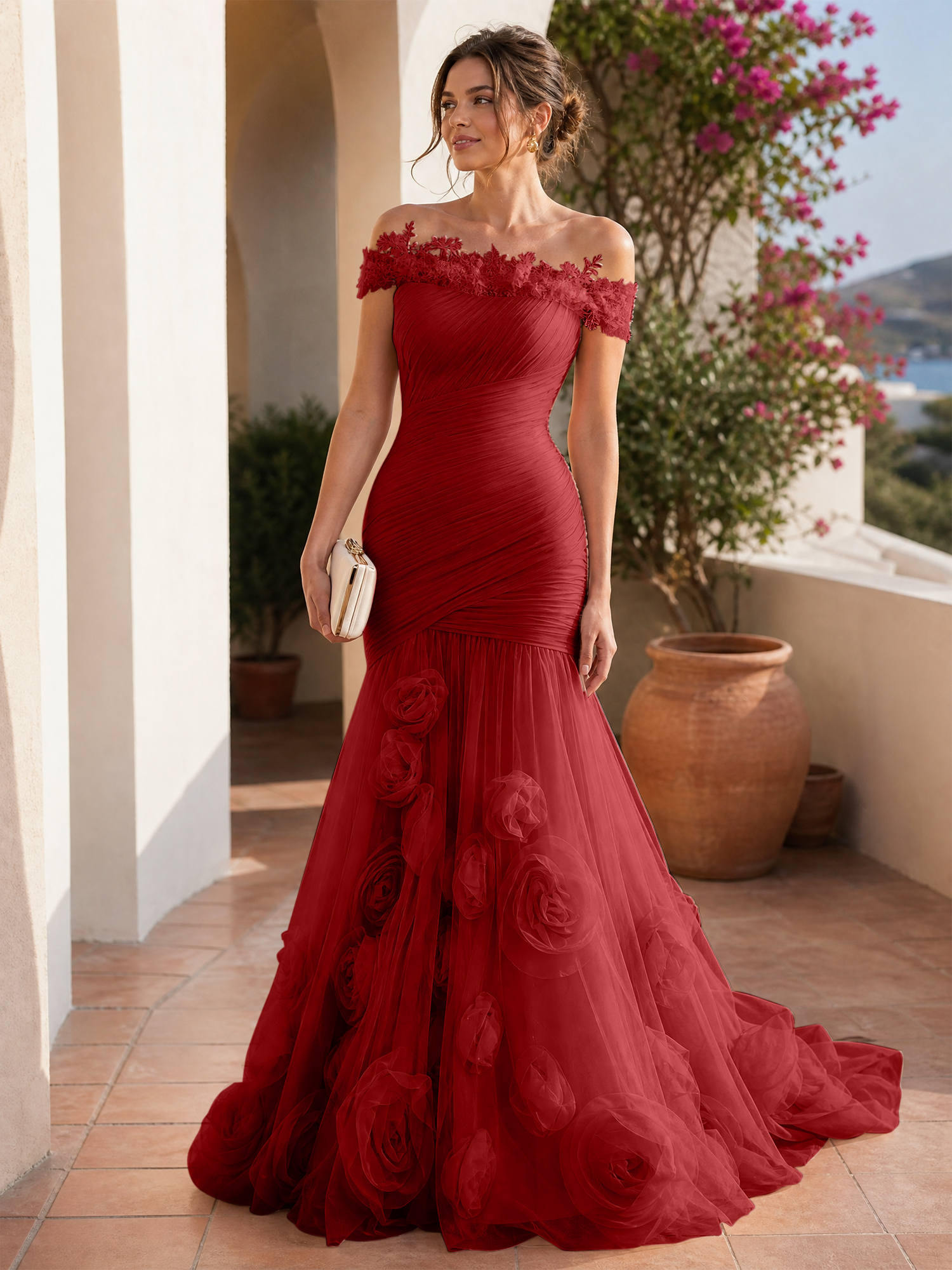 Romantic Blushing Rose Off-the-Shoulder Mermaid Formal Evening Dress 