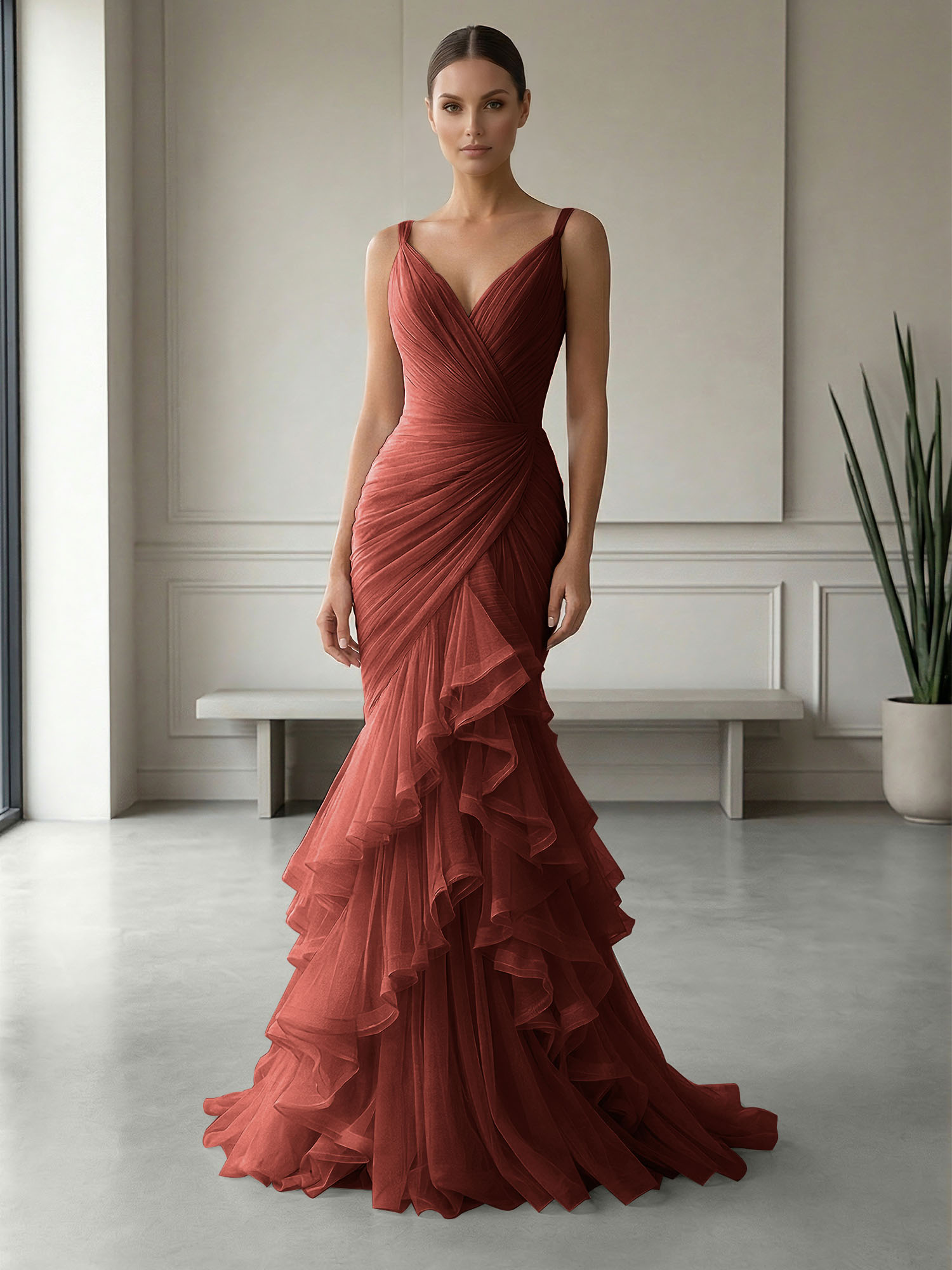 Mauve Folds Tulle Strapless Sleeveless Mermaid Gown Dress